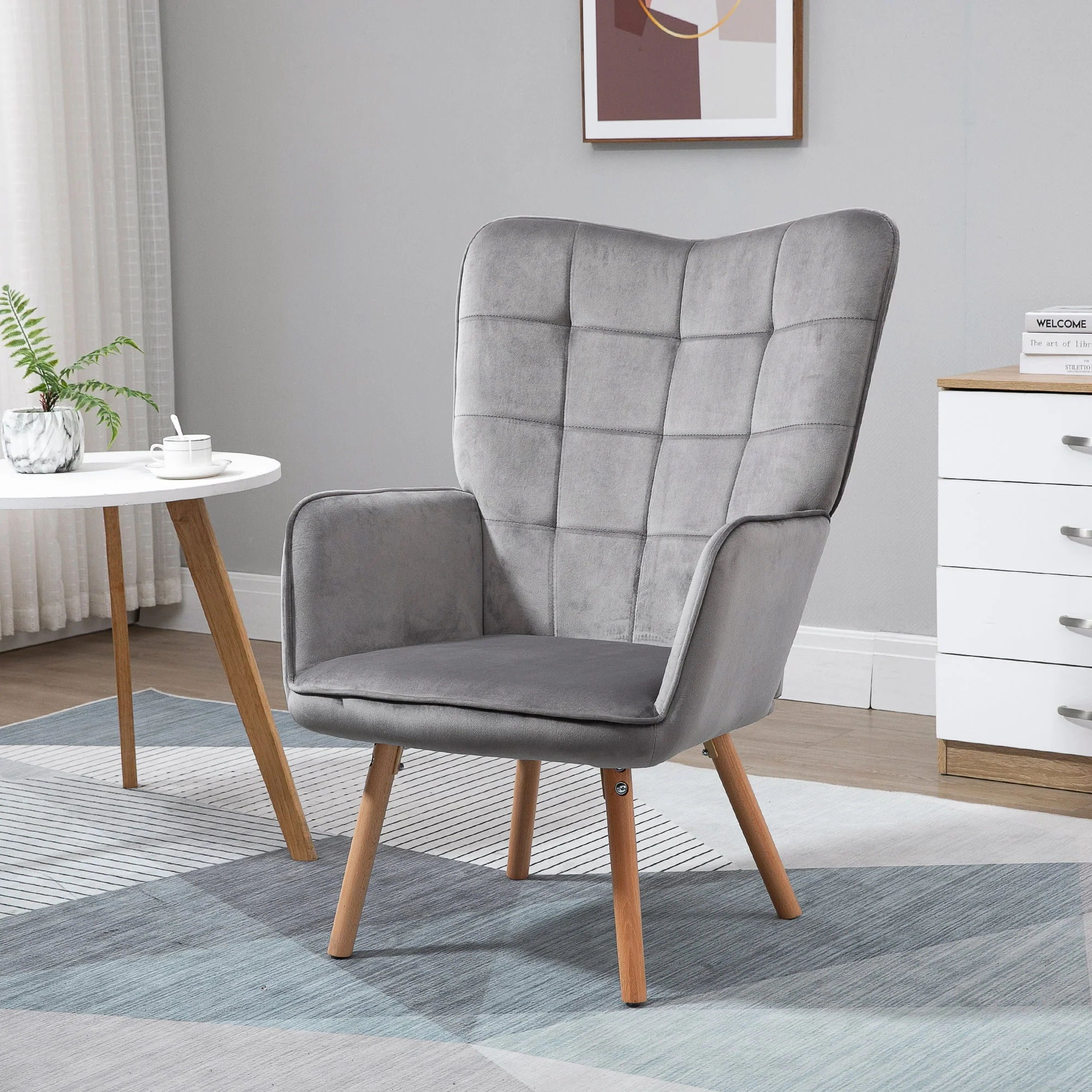 Accent Chair VelvetTufted Wingback Armchair Club Chair with Wood Legs Grey - Image 2