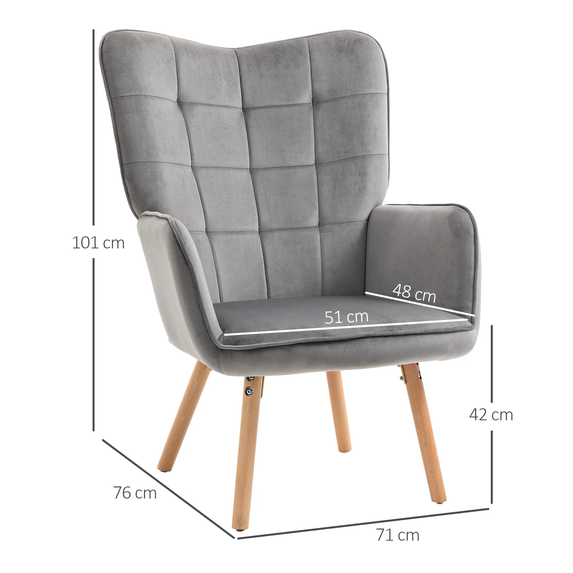 Accent Chair VelvetTufted Wingback Armchair Club Chair with Wood Legs Grey - Image 3