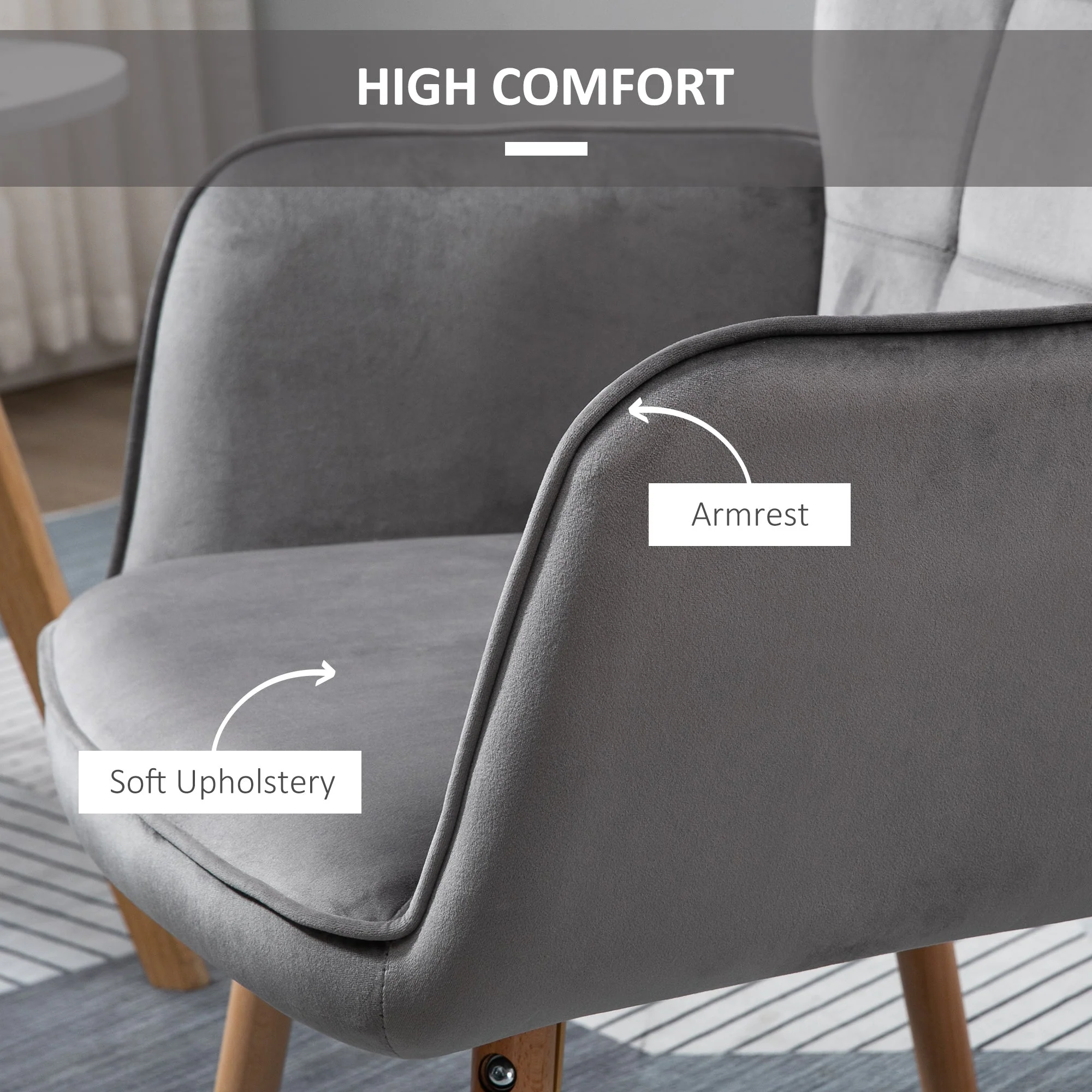 Accent Chair VelvetTufted Wingback Armchair Club Chair with Wood Legs Grey - Image 4