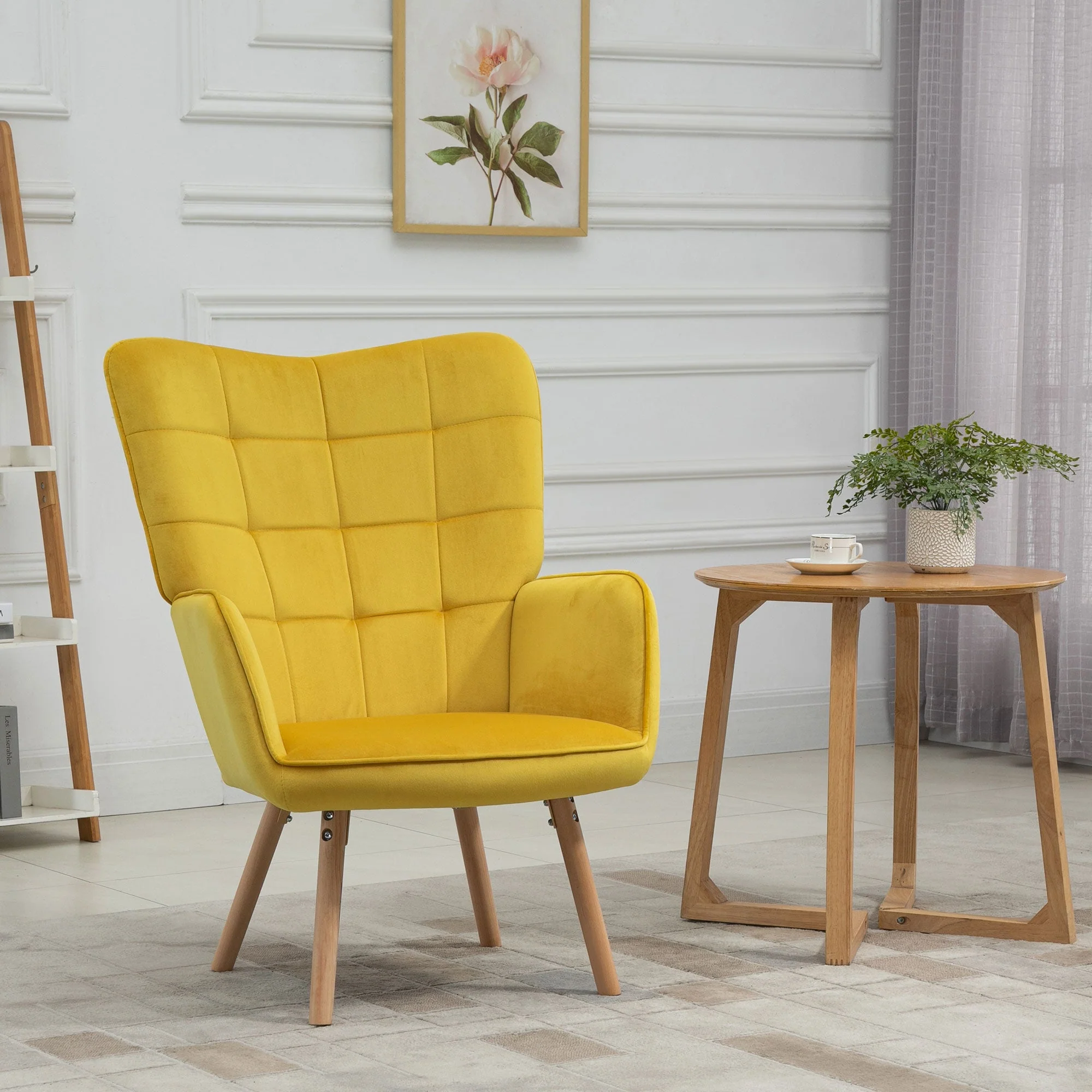 Accent Chair VelvetTufted Wingback Armchair Club Chair with Wood Legs Yellow - Image 2