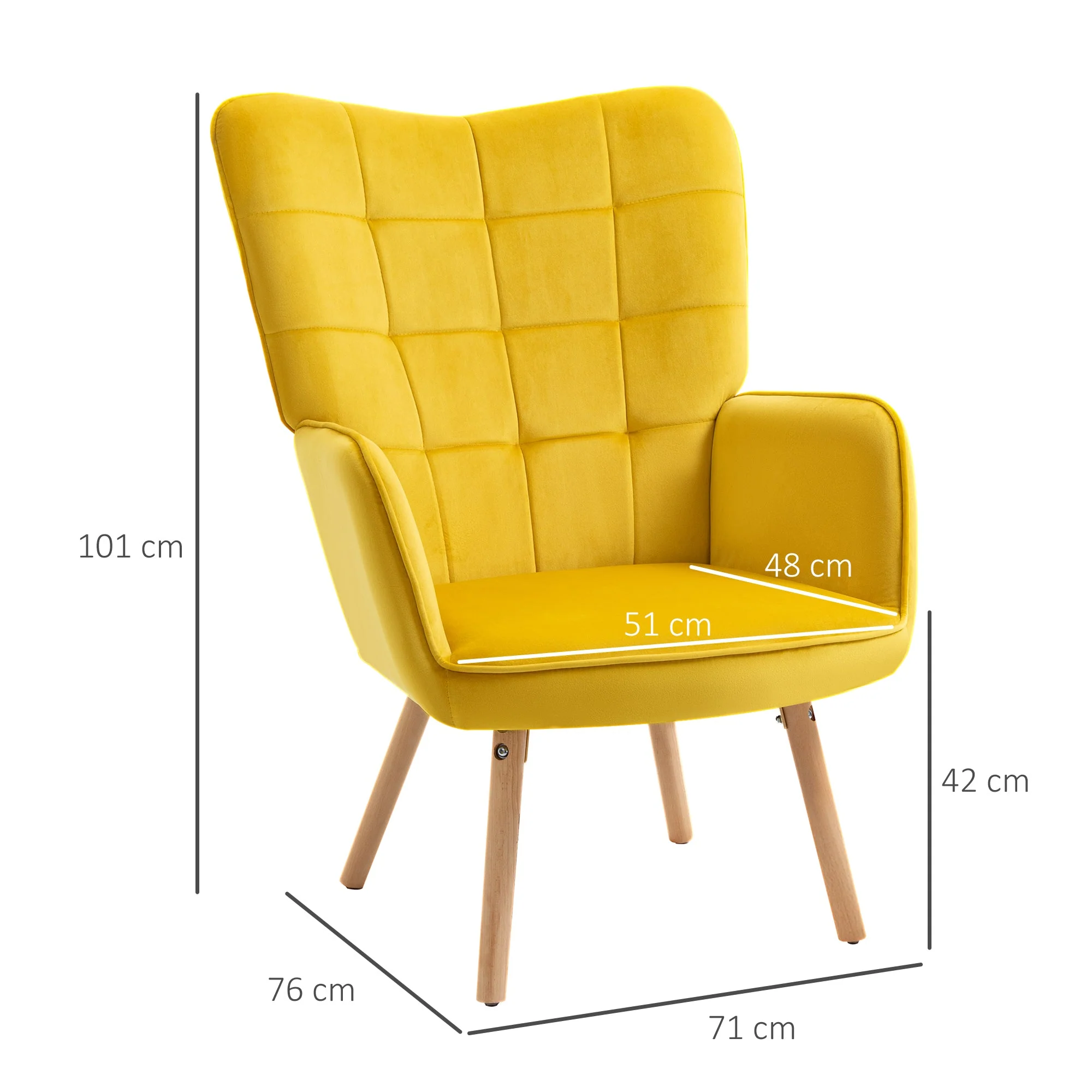 Accent Chair VelvetTufted Wingback Armchair Club Chair with Wood Legs Yellow - Image 3