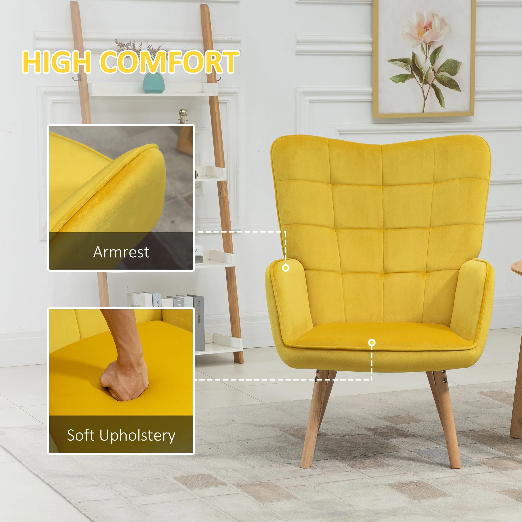 Accent Chair VelvetTufted Wingback Armchair Club Chair with Wood Legs Yellow - Image 4