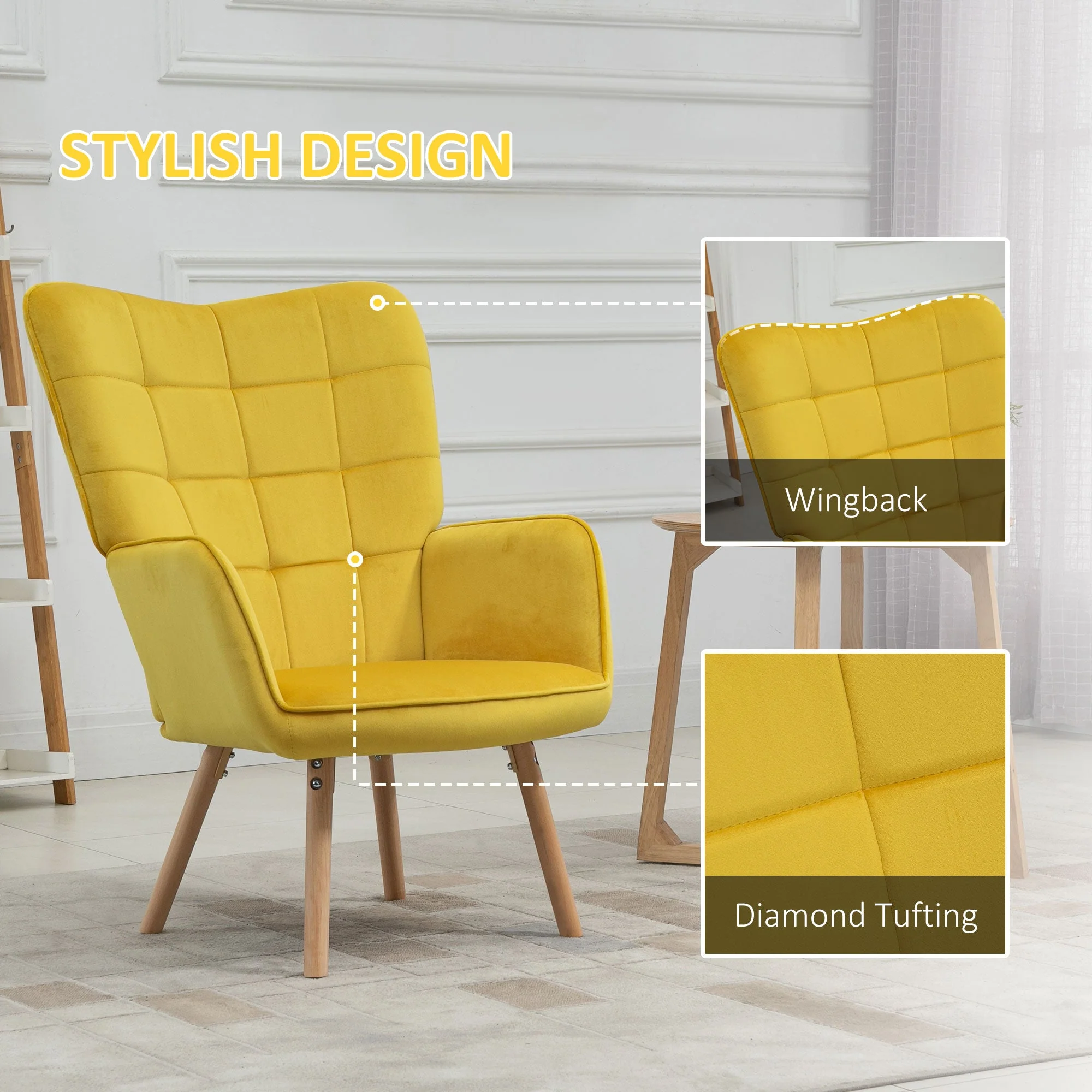 Accent Chair VelvetTufted Wingback Armchair Club Chair with Wood Legs Yellow - Image 5