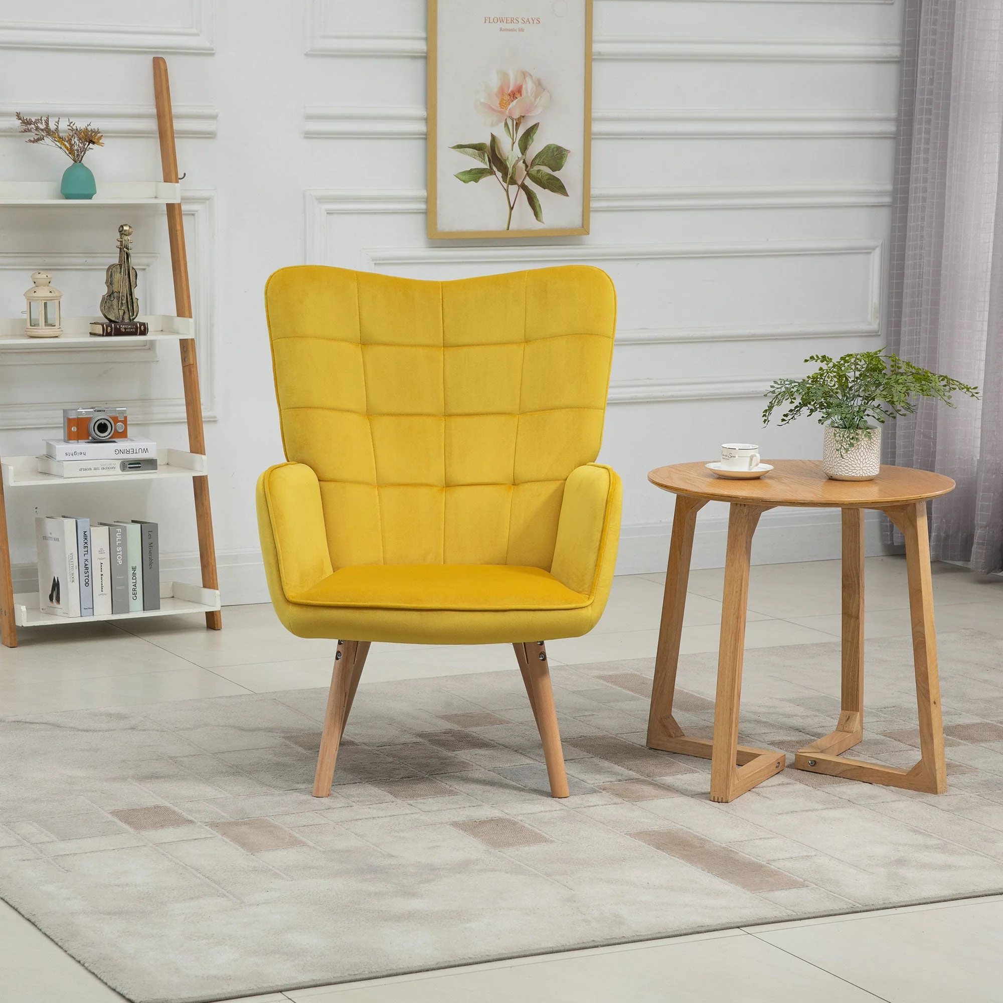 Accent Chair VelvetTufted Wingback Armchair Club Chair with Wood Legs Yellow - Image 7