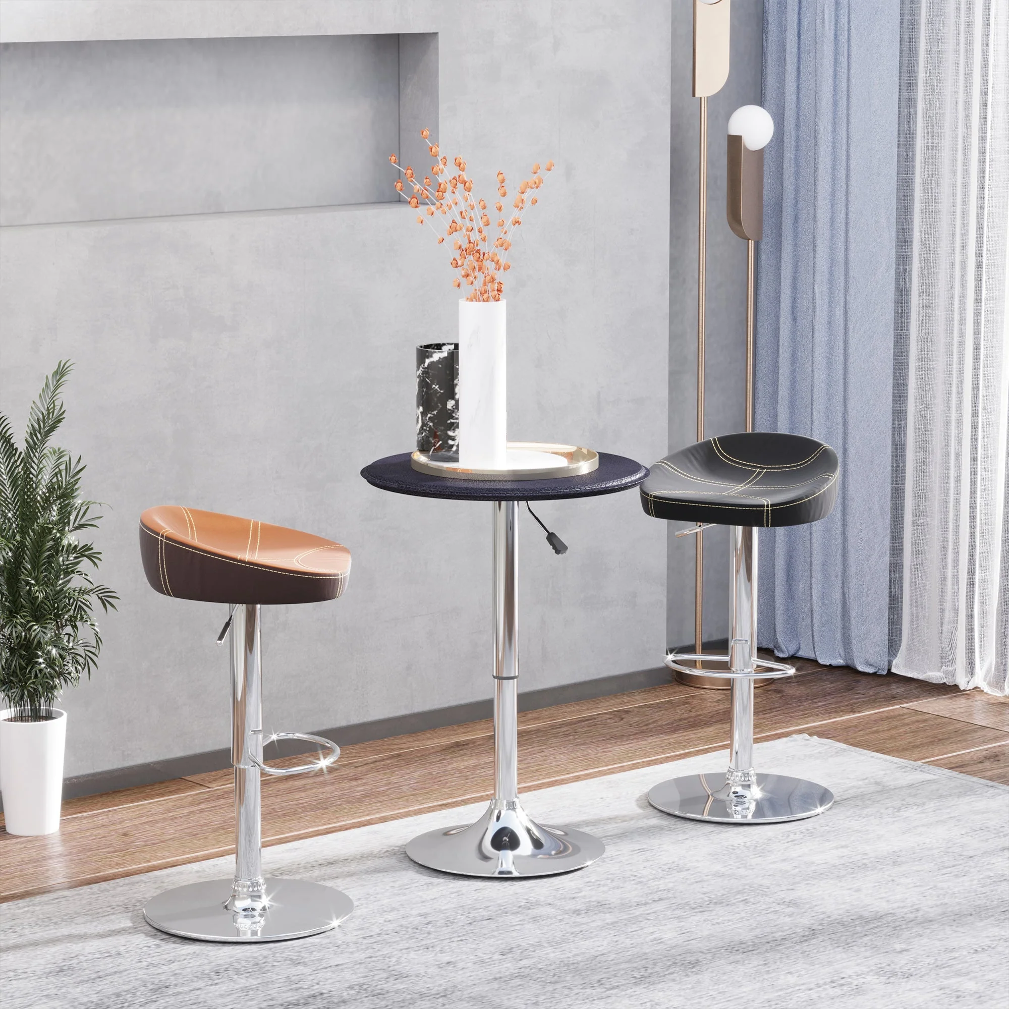 Adjustable Round Bistro Bar Table with PVC Leather Top Steel Base Home Kitchen Dining Desk Black - Image 2