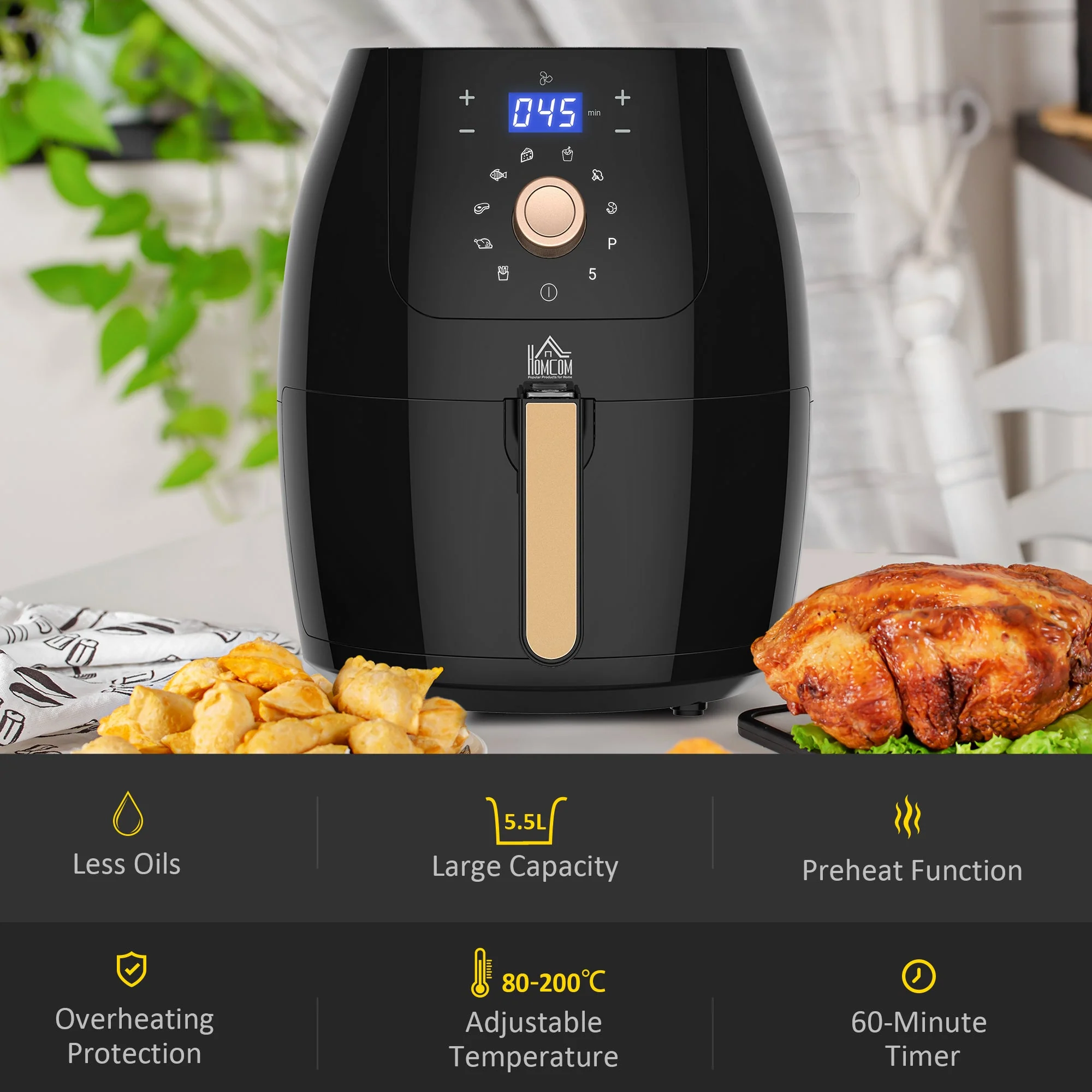 Air Fryers 1700W 5.5L with Digital Display Rapid Air Circulation System Adjustable Temperature 60 Min Timer for Healthy Oil Free Low Fat Cooking Nonstick Basket - Image 4