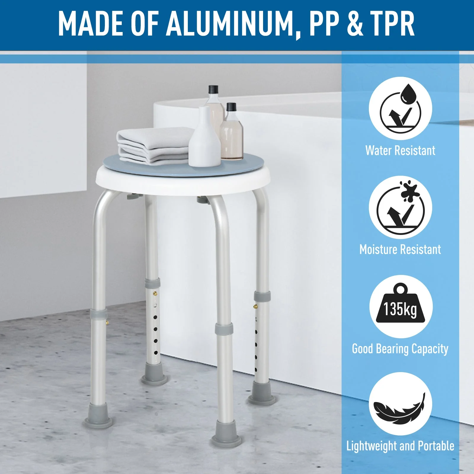 Aluminium 360°Swivel Shower Stool Blue & White - Image 6