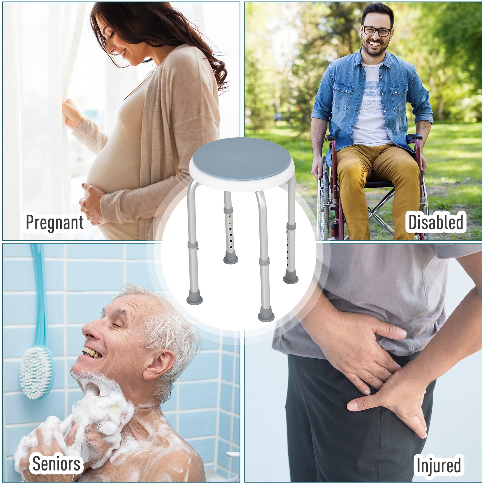 Aluminium 360°Swivel Shower Stool Blue & White - Image 9