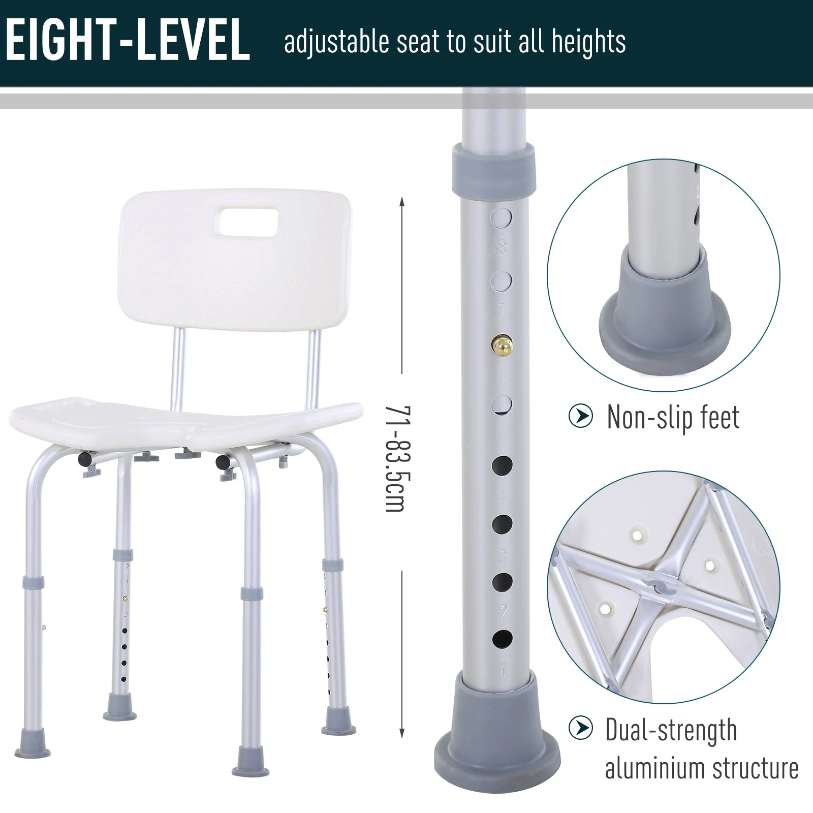 Aluminium Alloy Adjustable Shower Stool - White - Image 4