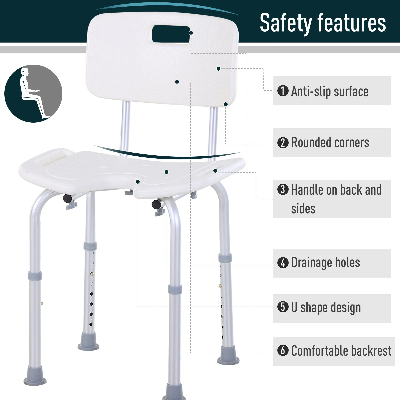 Aluminium Alloy Adjustable Shower Stool - White - Image 5