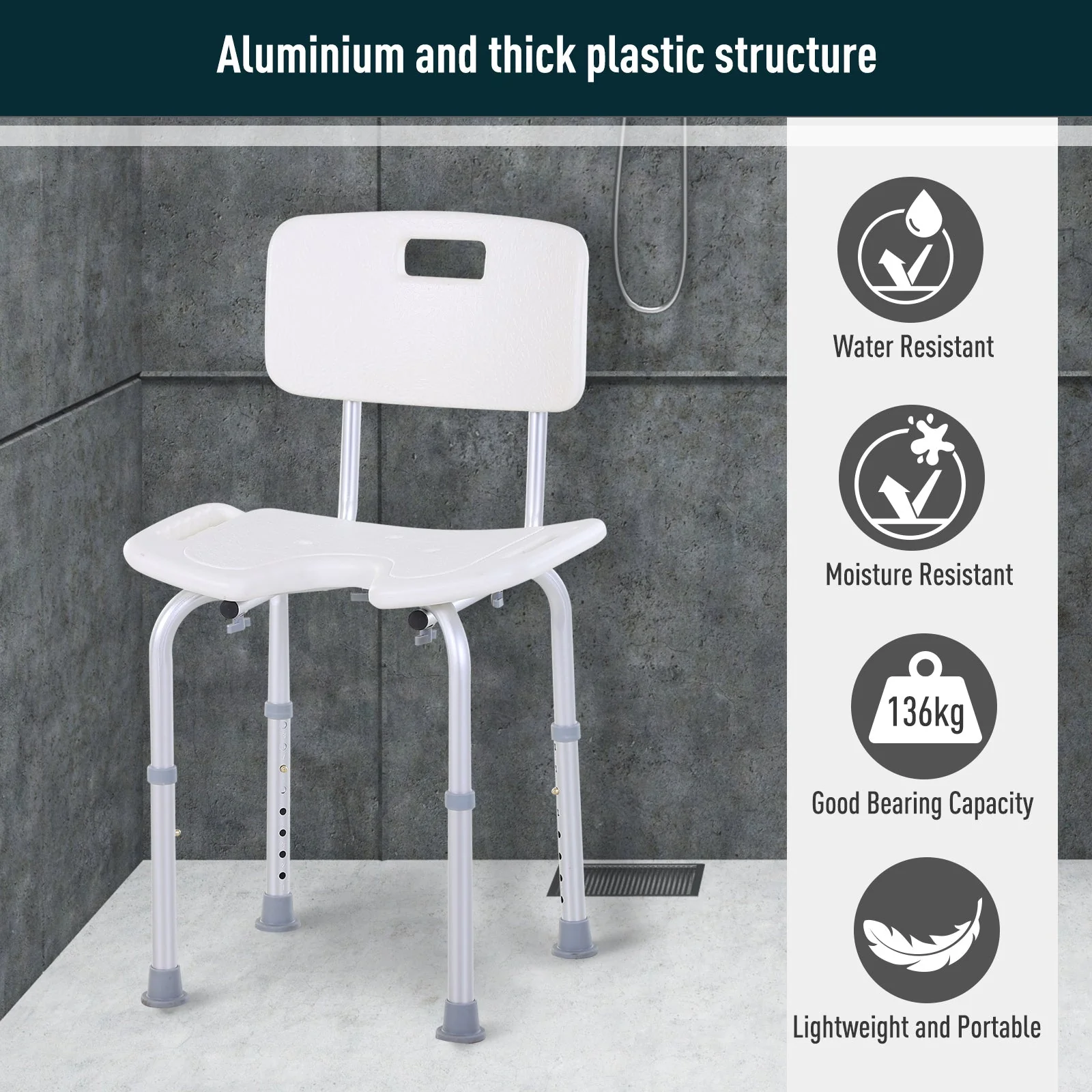 Aluminium Alloy Adjustable Shower Stool - White - Image 6