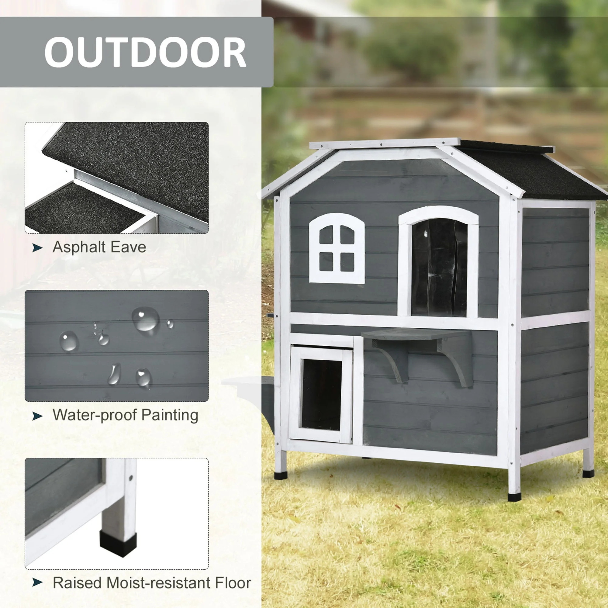 American Dream 91cm Cat House Fir Wood Grey & Black by Pawhut - Image 5