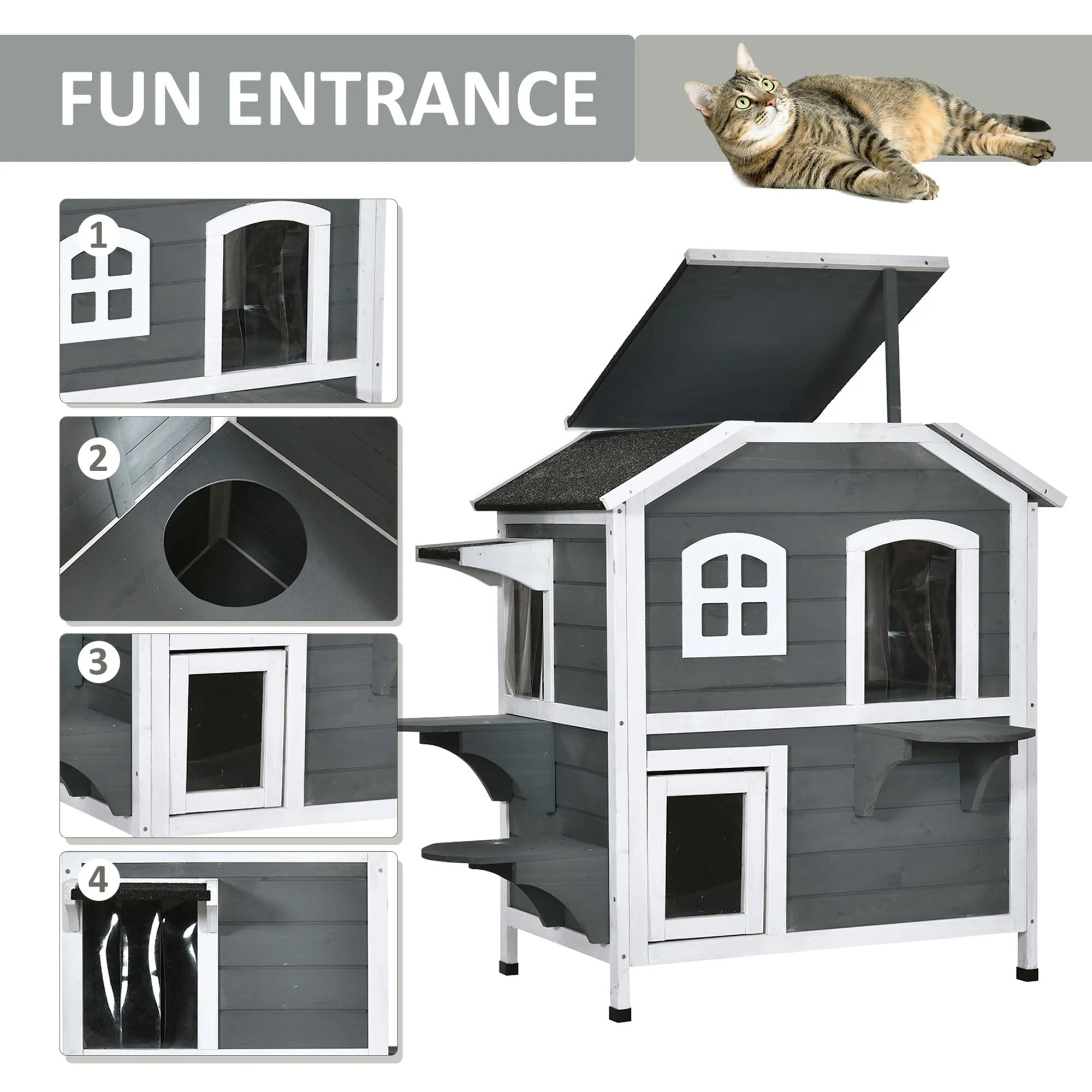 American Dream 91cm Cat House Fir Wood Grey & Black by Pawhut - Image 6