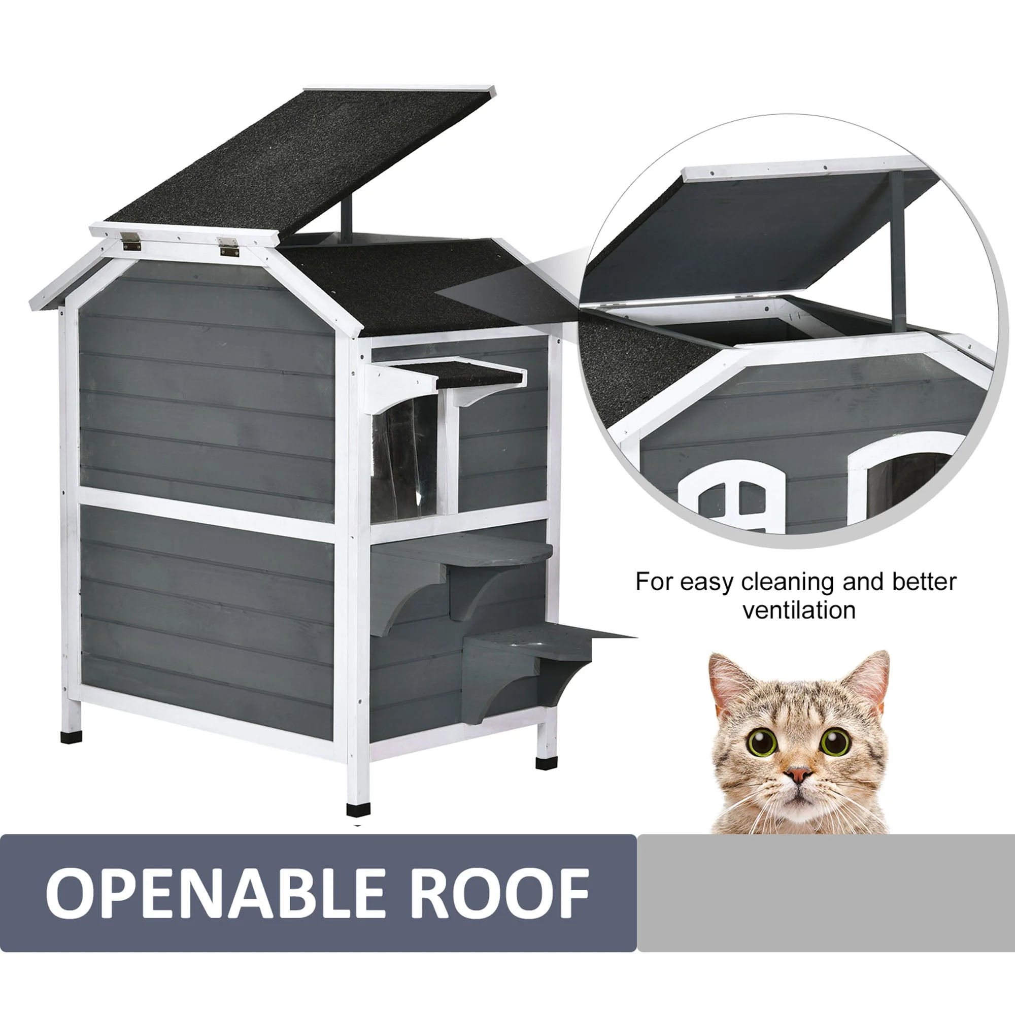 American Dream 91cm Cat House Fir Wood Grey & Black by Pawhut - Image 8
