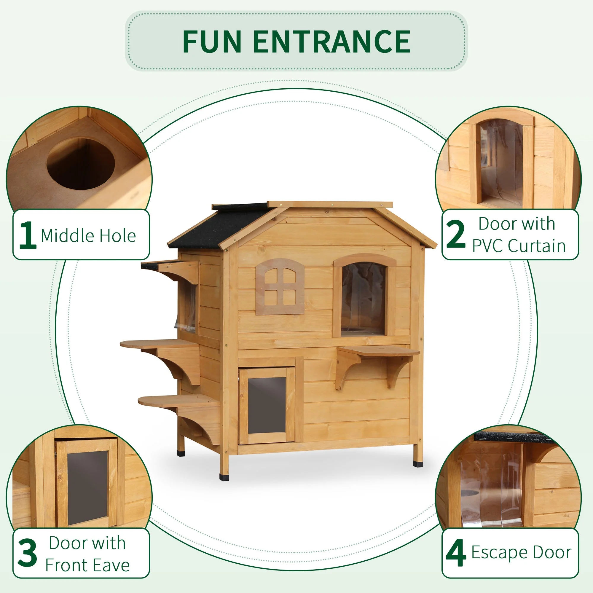 American Dream 91cm Cat House Fir Wood Natural by Pawhut - Image 4