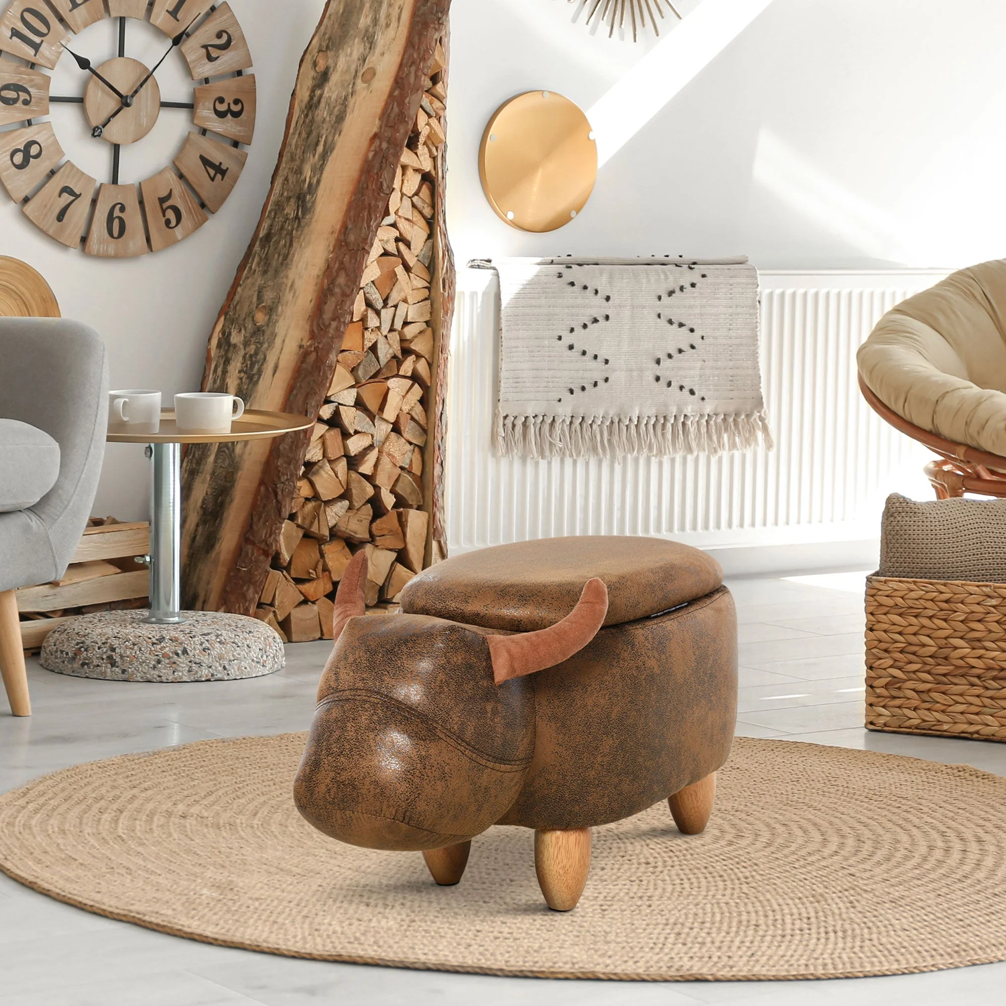 Animal footstool Buffalo Storage Stool Cute Kids Decoration Wood Frame Legs w/Padding Lid Ottoman Furniture Brown - Image 2