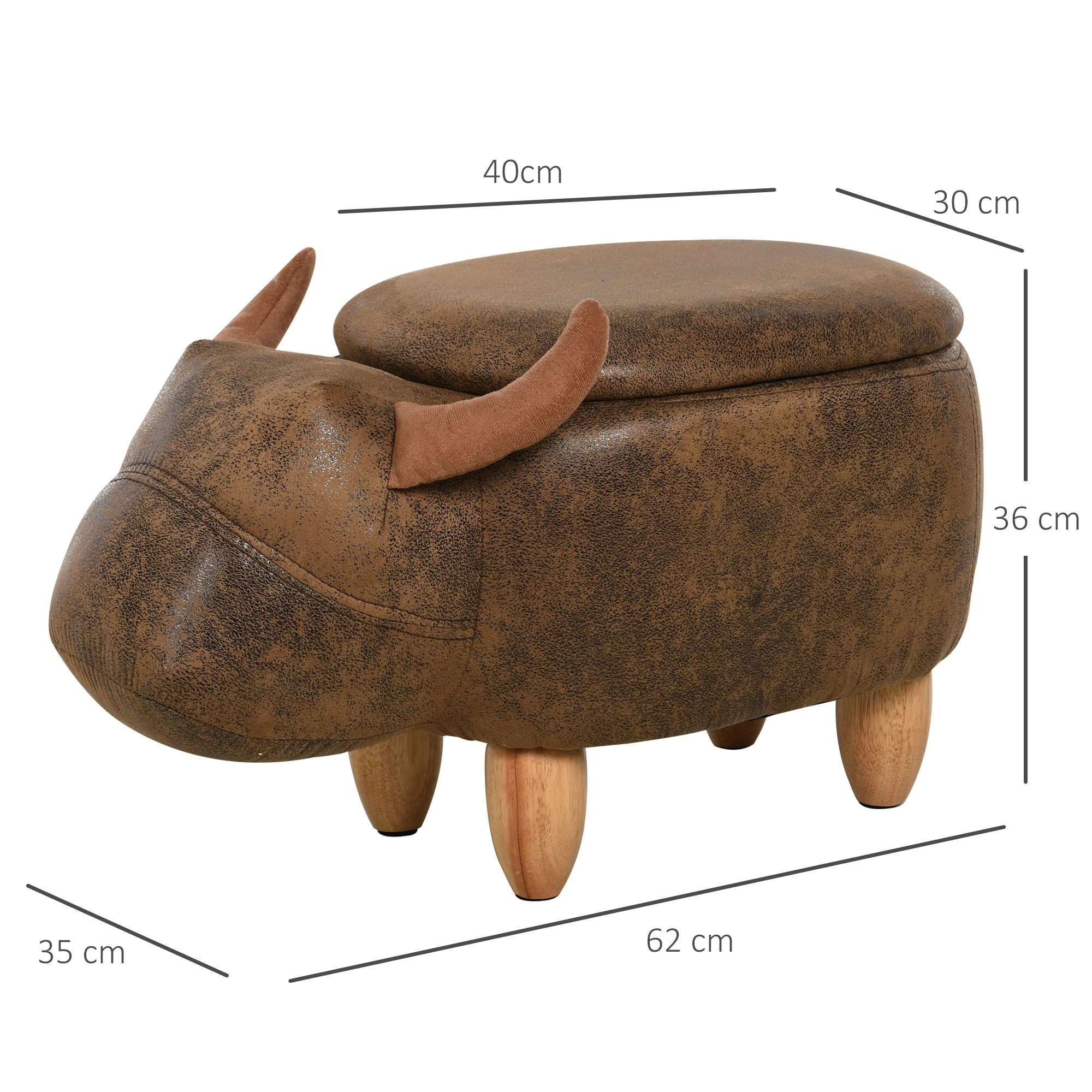 Animal footstool Buffalo Storage Stool Cute Kids Decoration Wood Frame Legs w/Padding Lid Ottoman Furniture Brown - Image 3