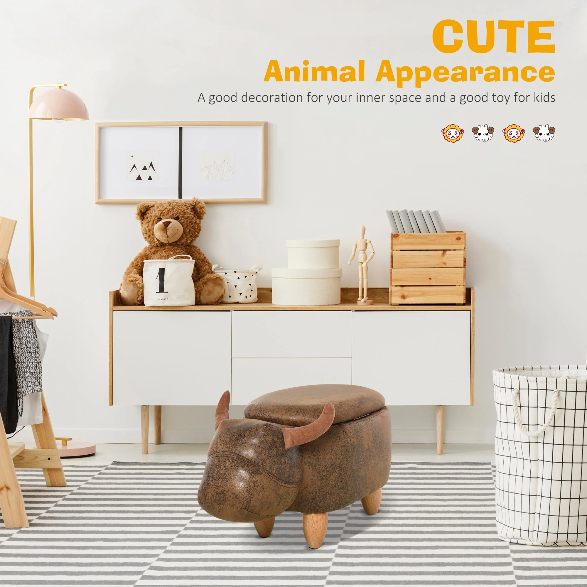 Animal footstool Buffalo Storage Stool Cute Kids Decoration Wood Frame Legs w/Padding Lid Ottoman Furniture Brown - Image 4