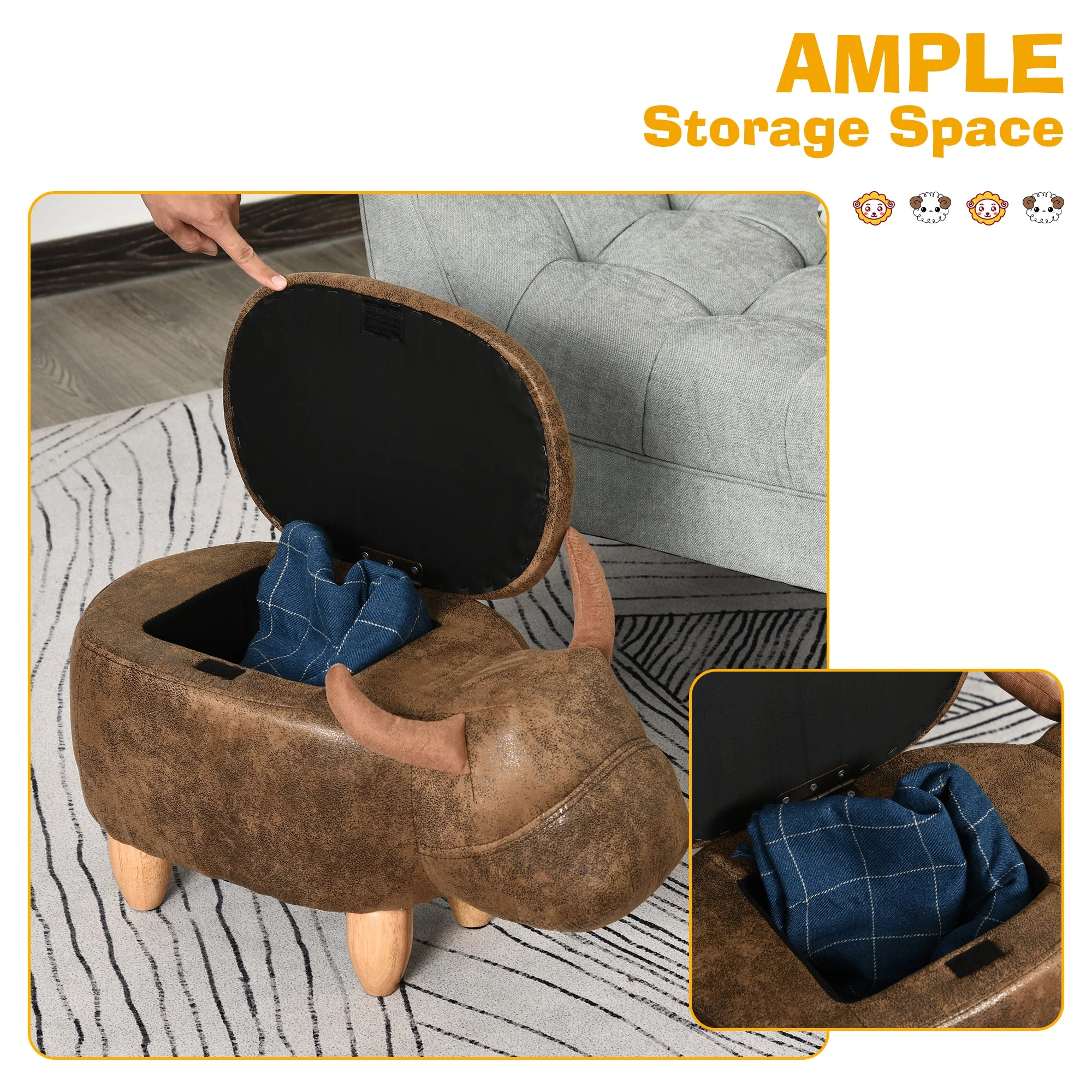 Animal footstool Buffalo Storage Stool Cute Kids Decoration Wood Frame Legs w/Padding Lid Ottoman Furniture Brown - Image 5
