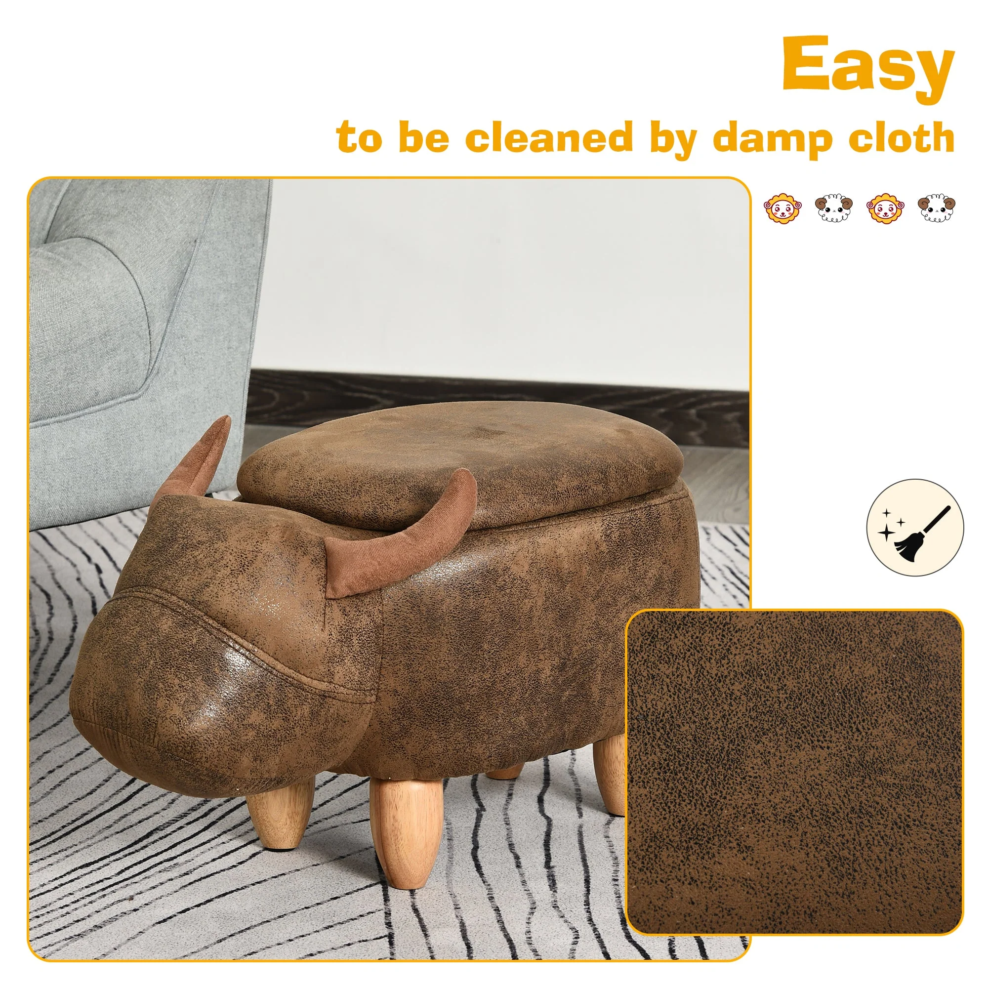 Animal footstool Buffalo Storage Stool Cute Kids Decoration Wood Frame Legs w/Padding Lid Ottoman Furniture Brown - Image 6