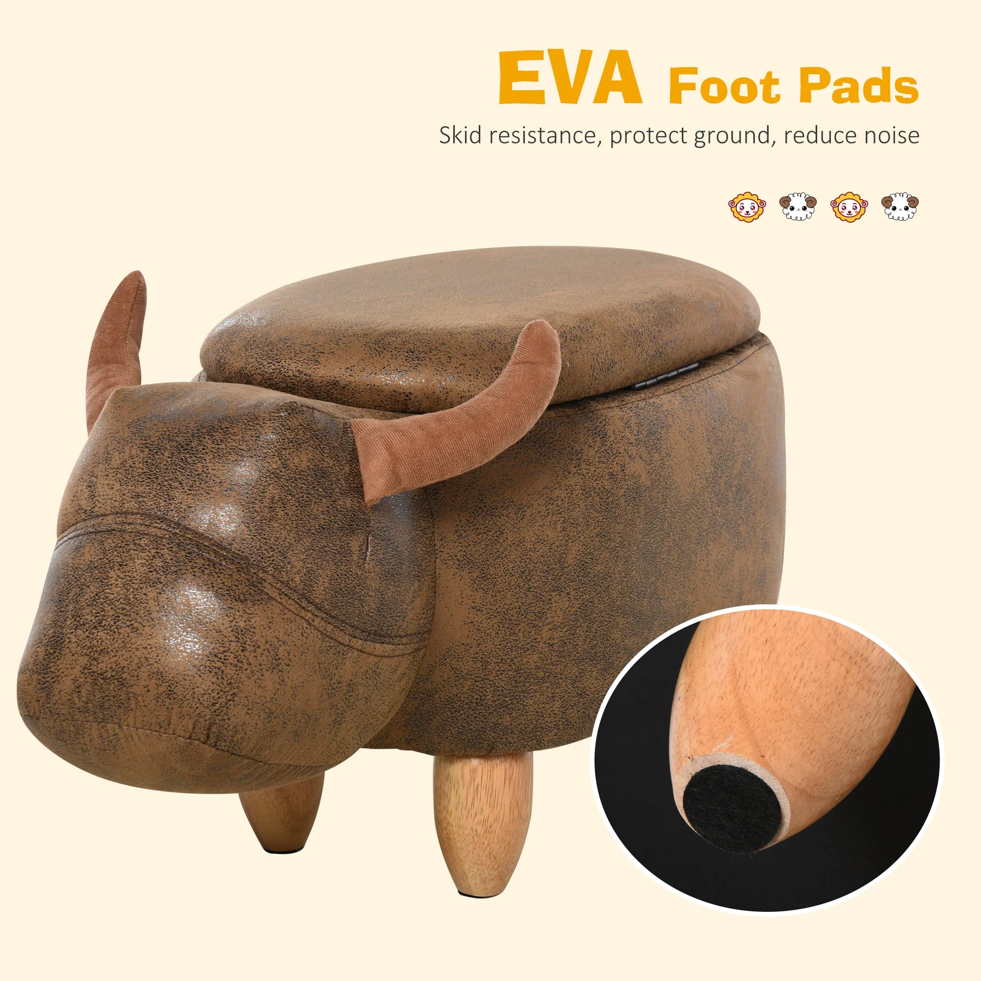 Animal footstool Buffalo Storage Stool Cute Kids Decoration Wood Frame Legs w/Padding Lid Ottoman Furniture Brown - Image 7