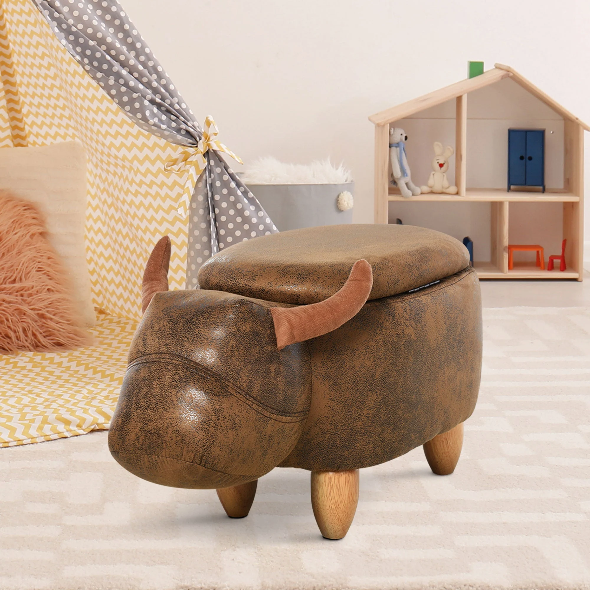 Animal footstool Buffalo Storage Stool Cute Kids Decoration Wood Frame Legs w/Padding Lid Ottoman Furniture Brown - Image 8