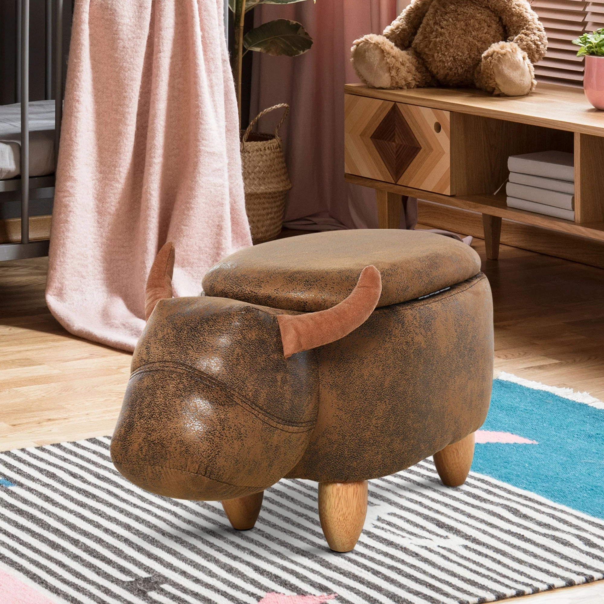 Animal footstool Buffalo Storage Stool Cute Kids Decoration Wood Frame Legs w/Padding Lid Ottoman Furniture Brown - Image 9