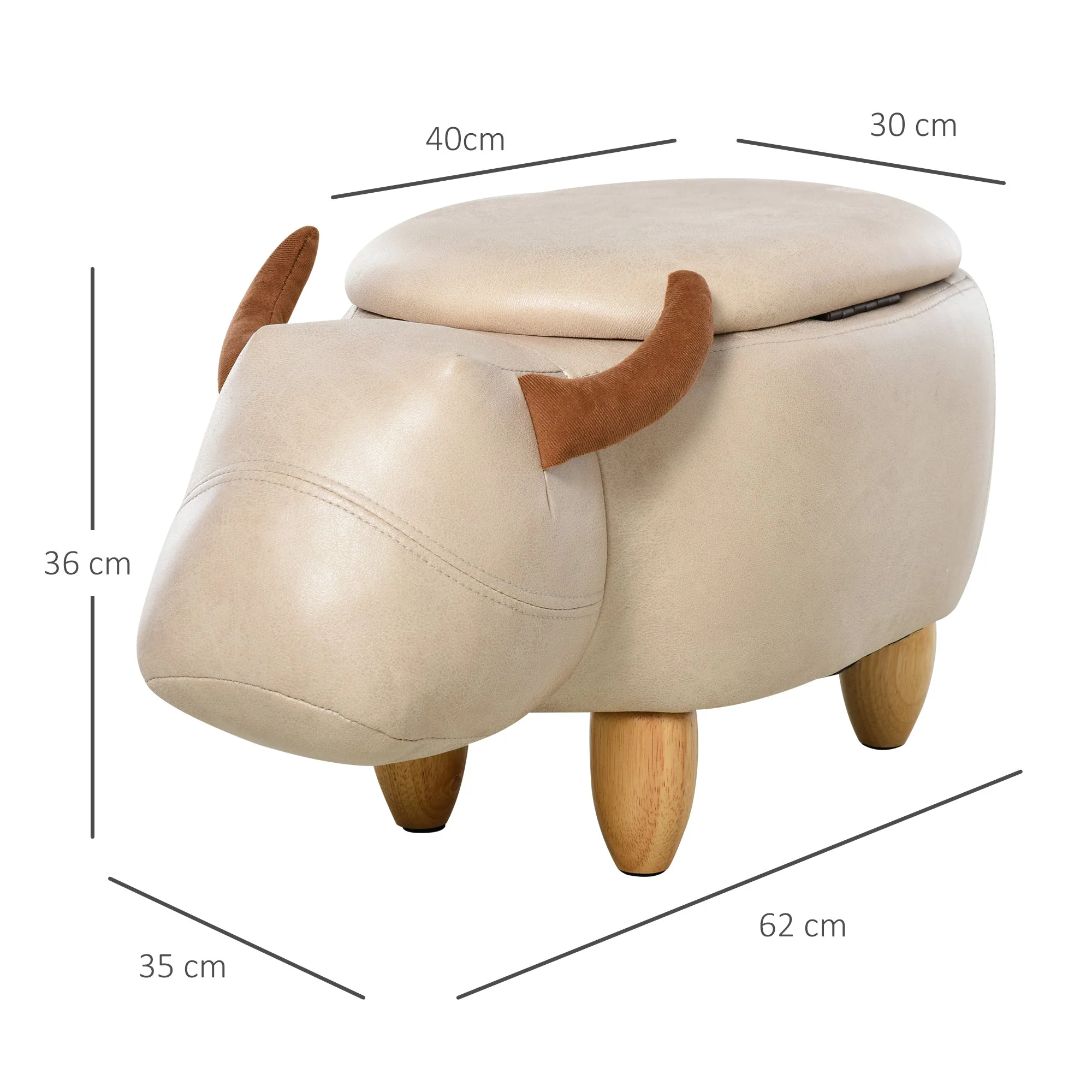 Animal footstool Buffalo Storage Stool Cute Kids Decoration Wood Frame Legs w/Padding Lid Ottoman Furniture Ivory - Image 3
