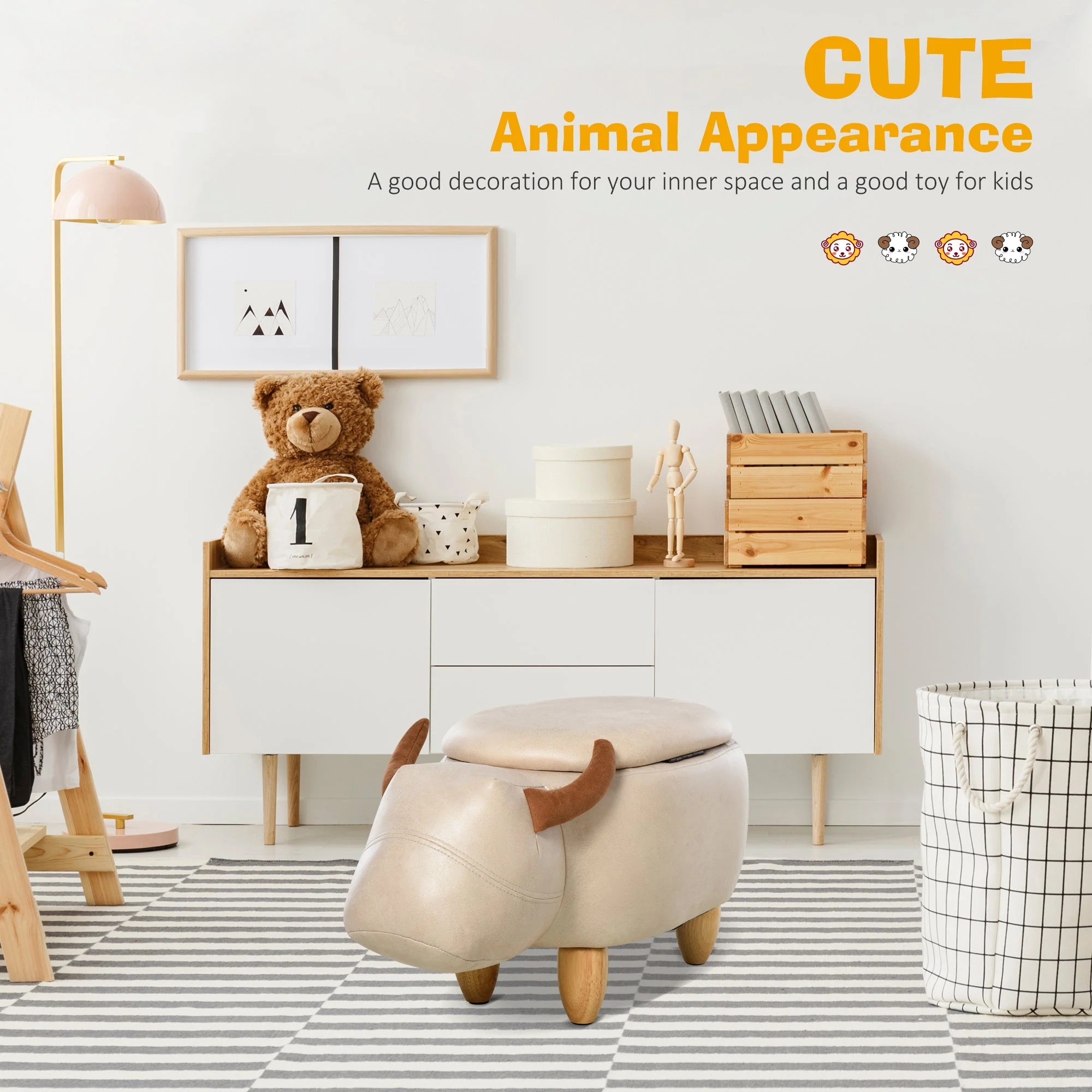 Animal footstool Buffalo Storage Stool Cute Kids Decoration Wood Frame Legs w/Padding Lid Ottoman Furniture Ivory - Image 4