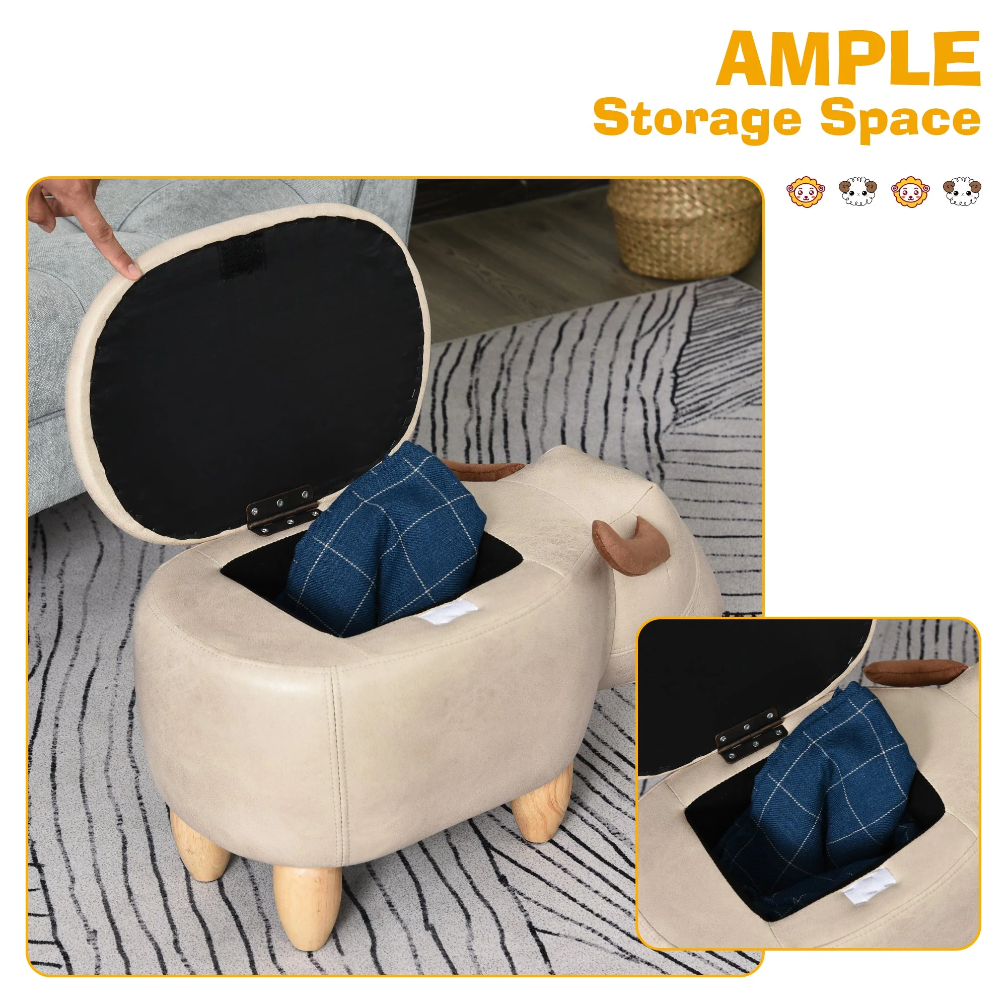 Animal footstool Buffalo Storage Stool Cute Kids Decoration Wood Frame Legs w/Padding Lid Ottoman Furniture Ivory - Image 5