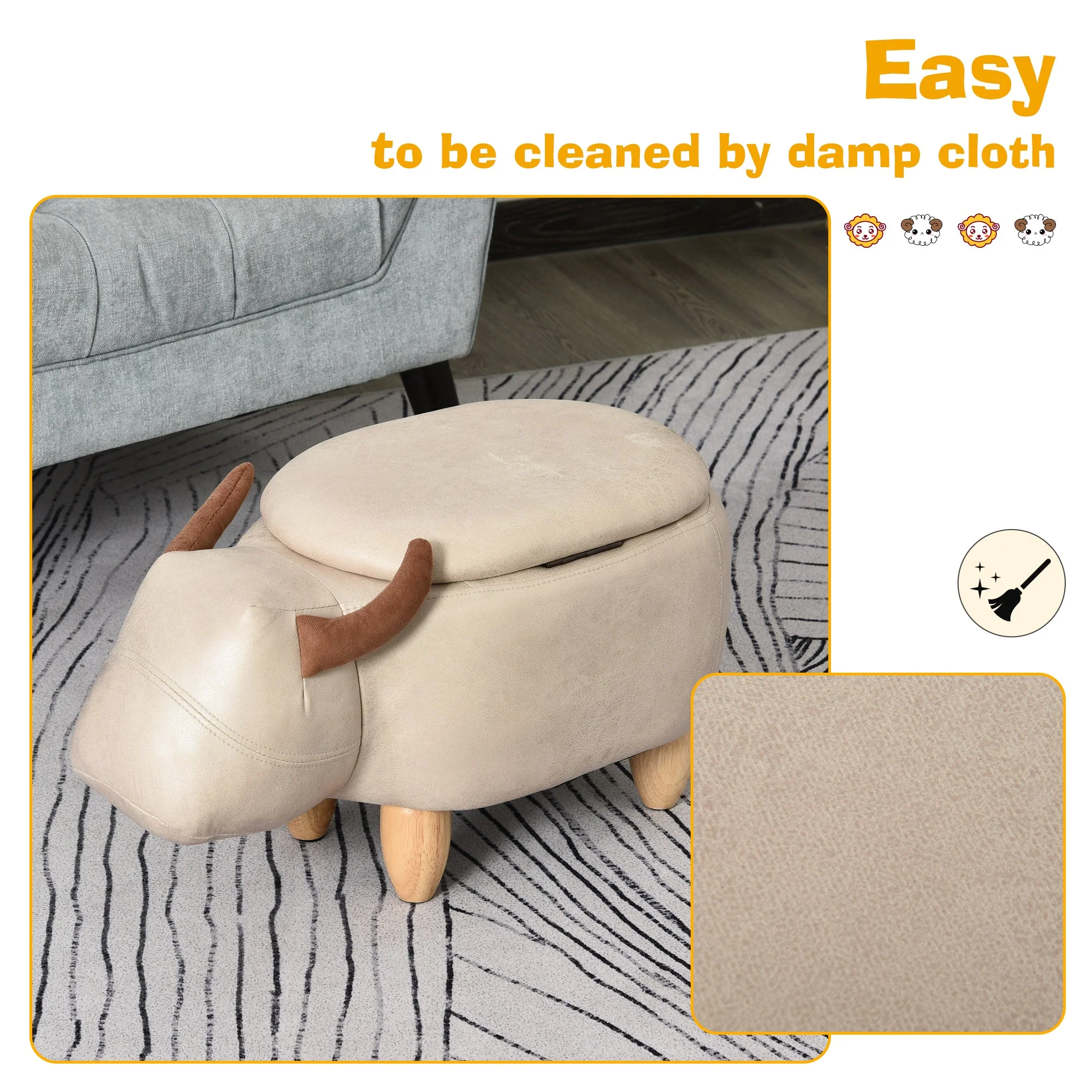Animal footstool Buffalo Storage Stool Cute Kids Decoration Wood Frame Legs w/Padding Lid Ottoman Furniture Ivory - Image 6