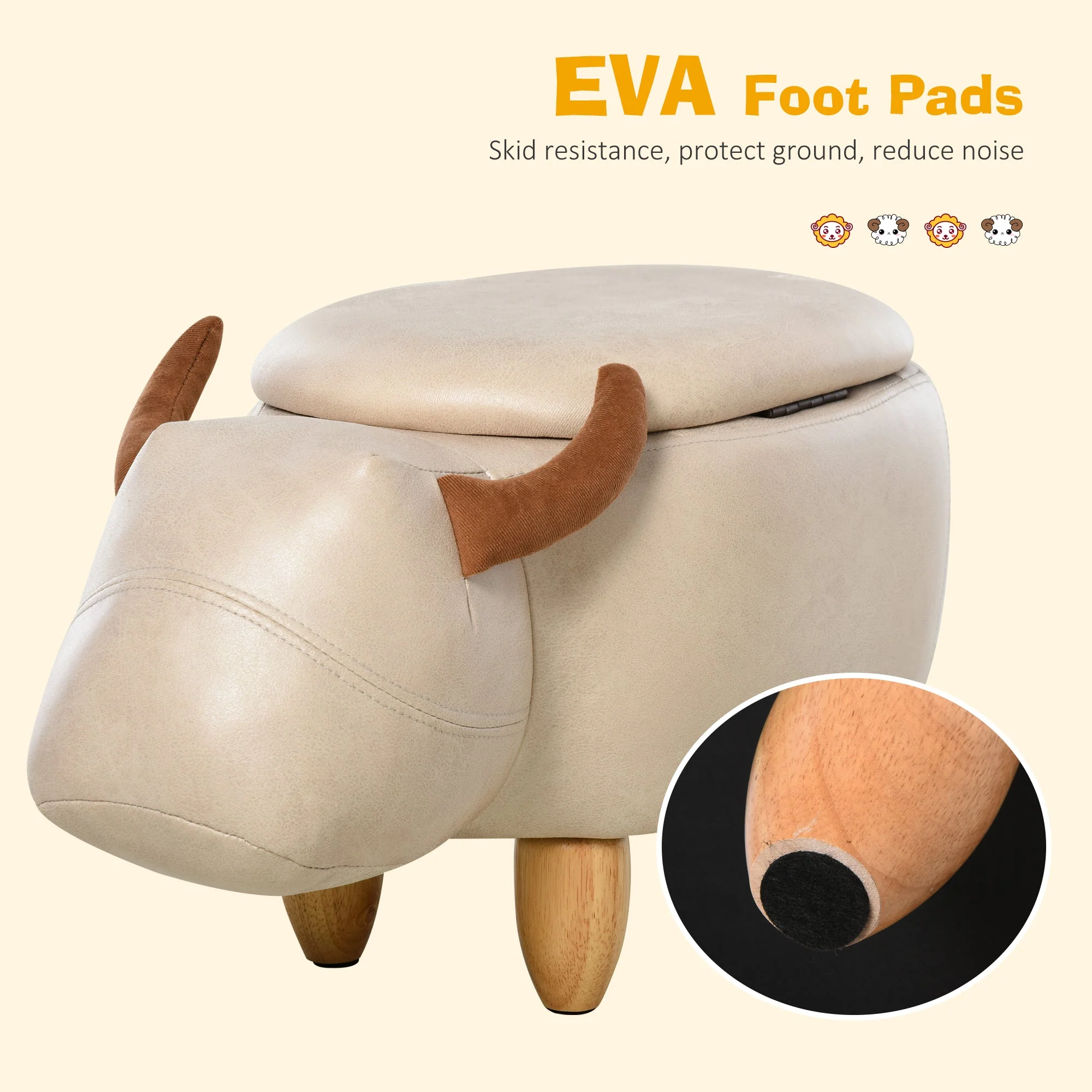 Animal footstool Buffalo Storage Stool Cute Kids Decoration Wood Frame Legs w/Padding Lid Ottoman Furniture Ivory - Image 7