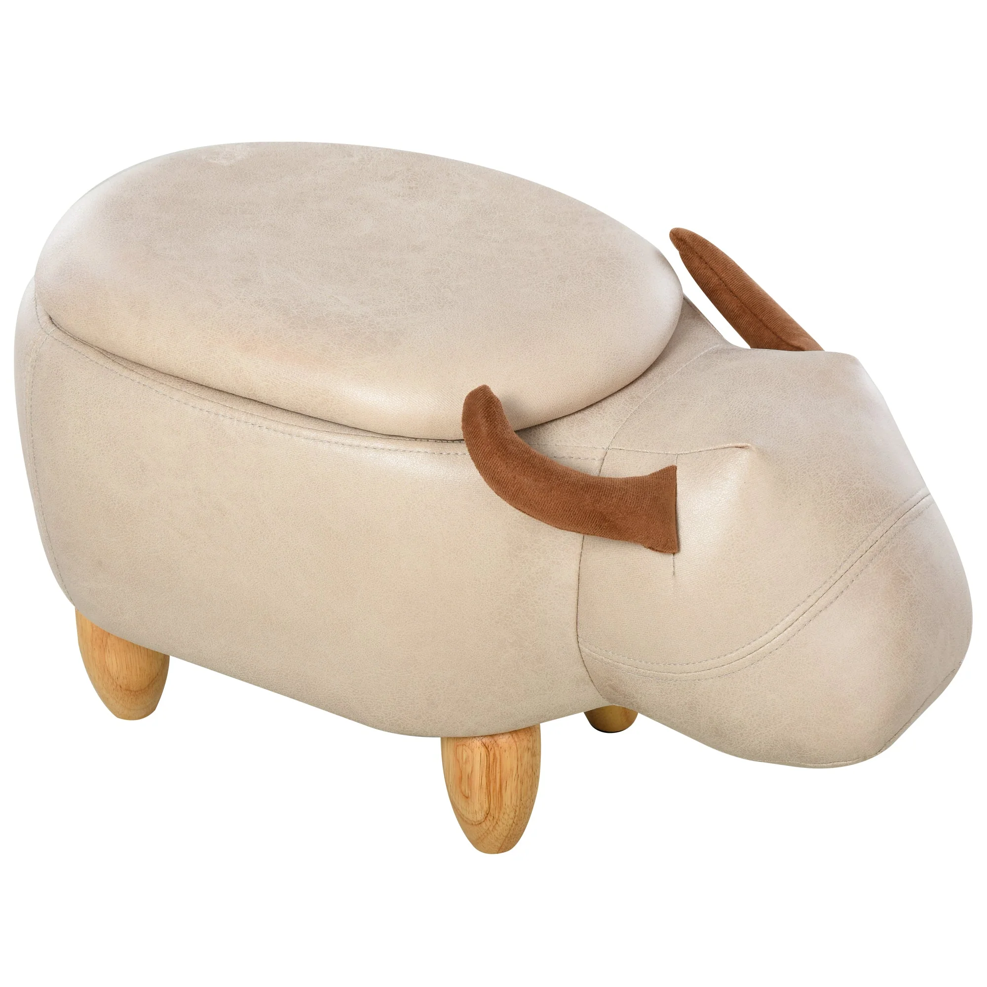 Animal footstool Buffalo Storage Stool Cute Kids Decoration Wood Frame Legs w/Padding Lid Ottoman Furniture Ivory - Image 8