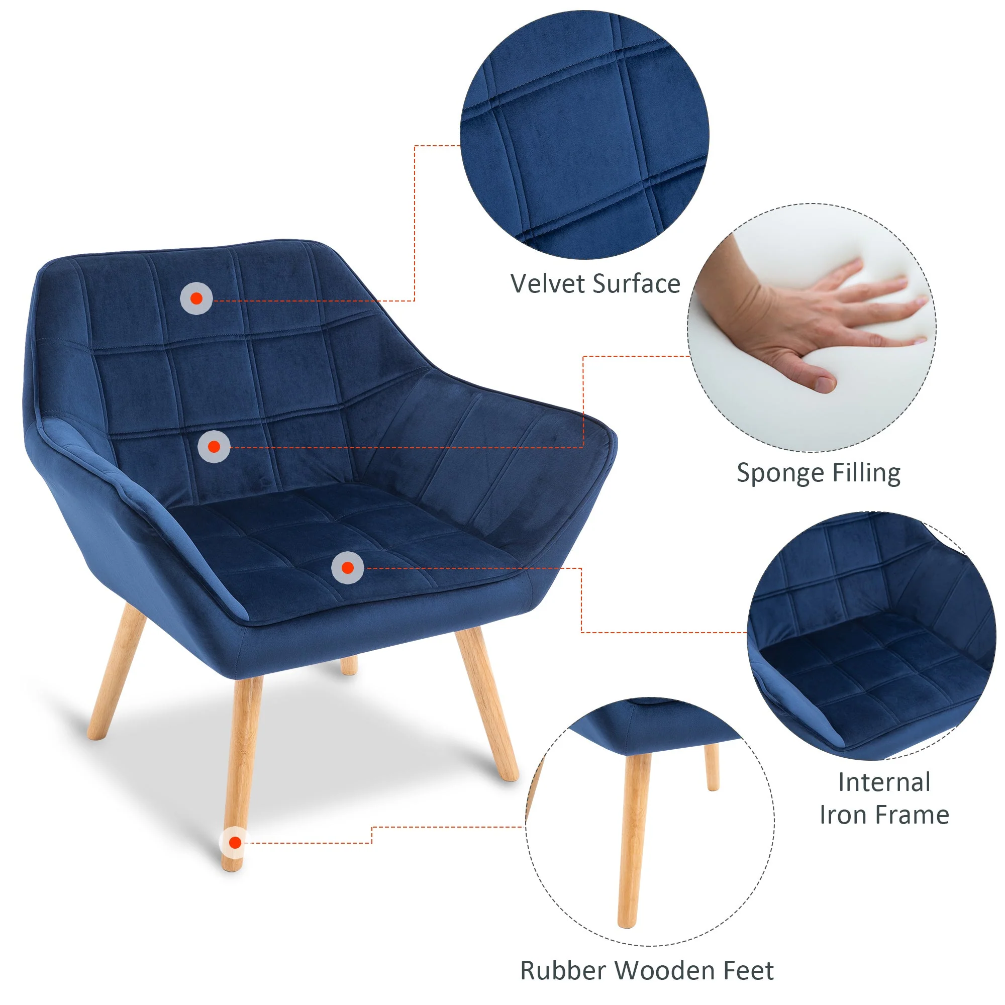 Armchair Accent Chair Wide Arms Slanted Back Padding Iron Frame Wooden Legs Home Bedroom Furniture Seating Blue - Image 4
