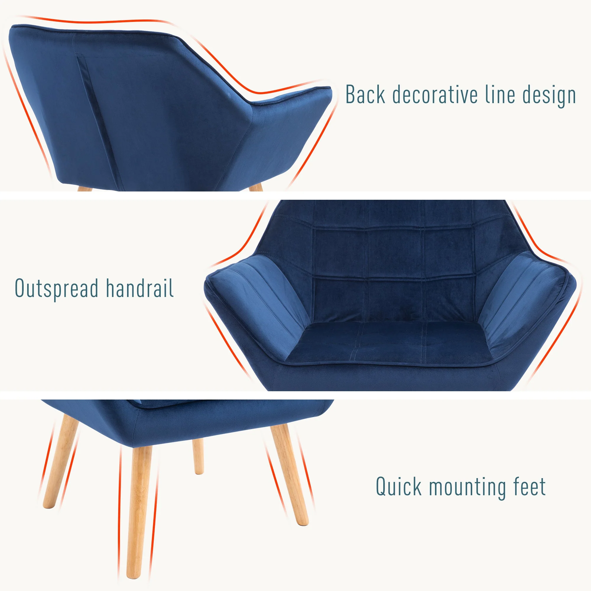 Armchair Accent Chair Wide Arms Slanted Back Padding Iron Frame Wooden Legs Home Bedroom Furniture Seating Blue - Image 5
