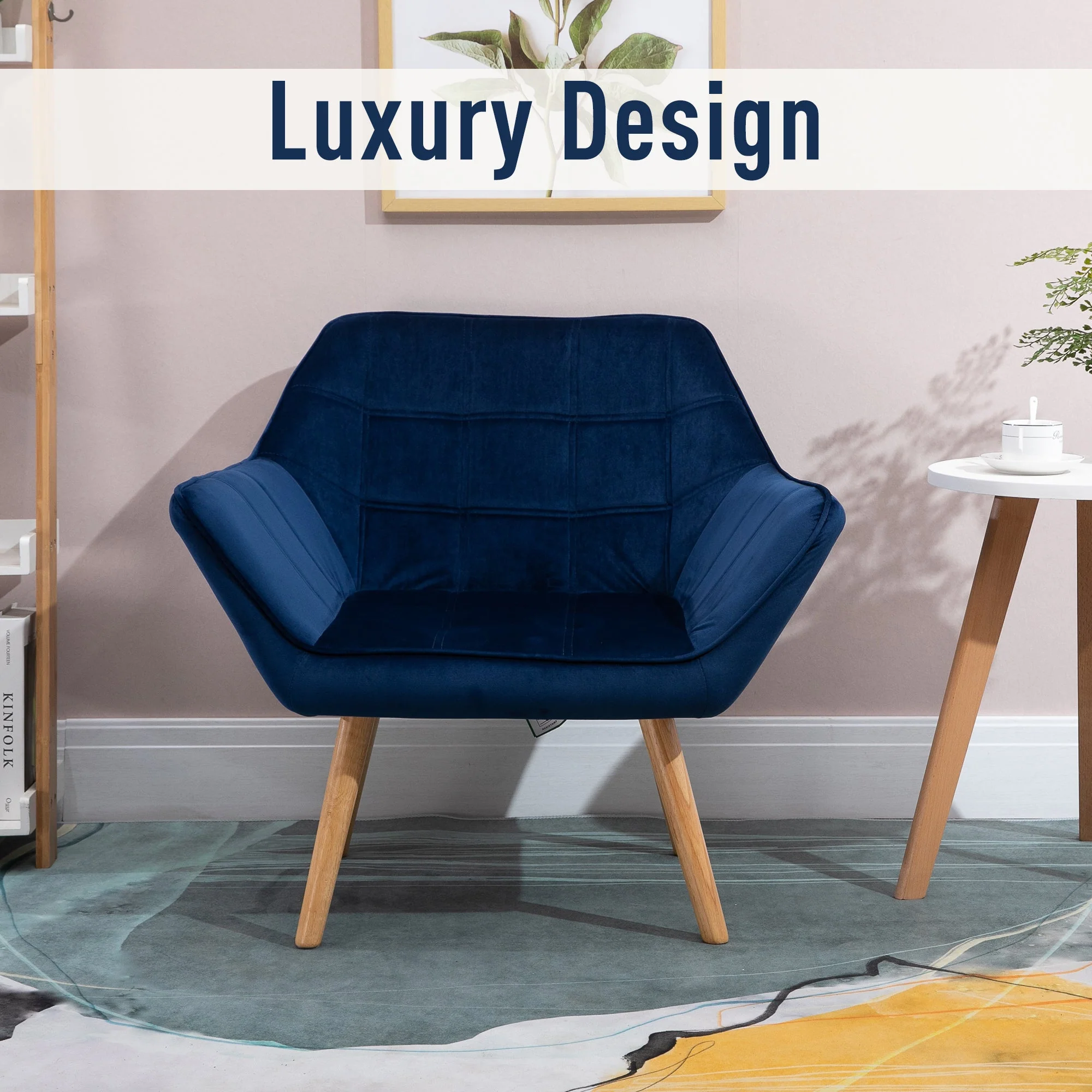 Armchair Accent Chair Wide Arms Slanted Back Padding Iron Frame Wooden Legs Home Bedroom Furniture Seating Blue - Image 6