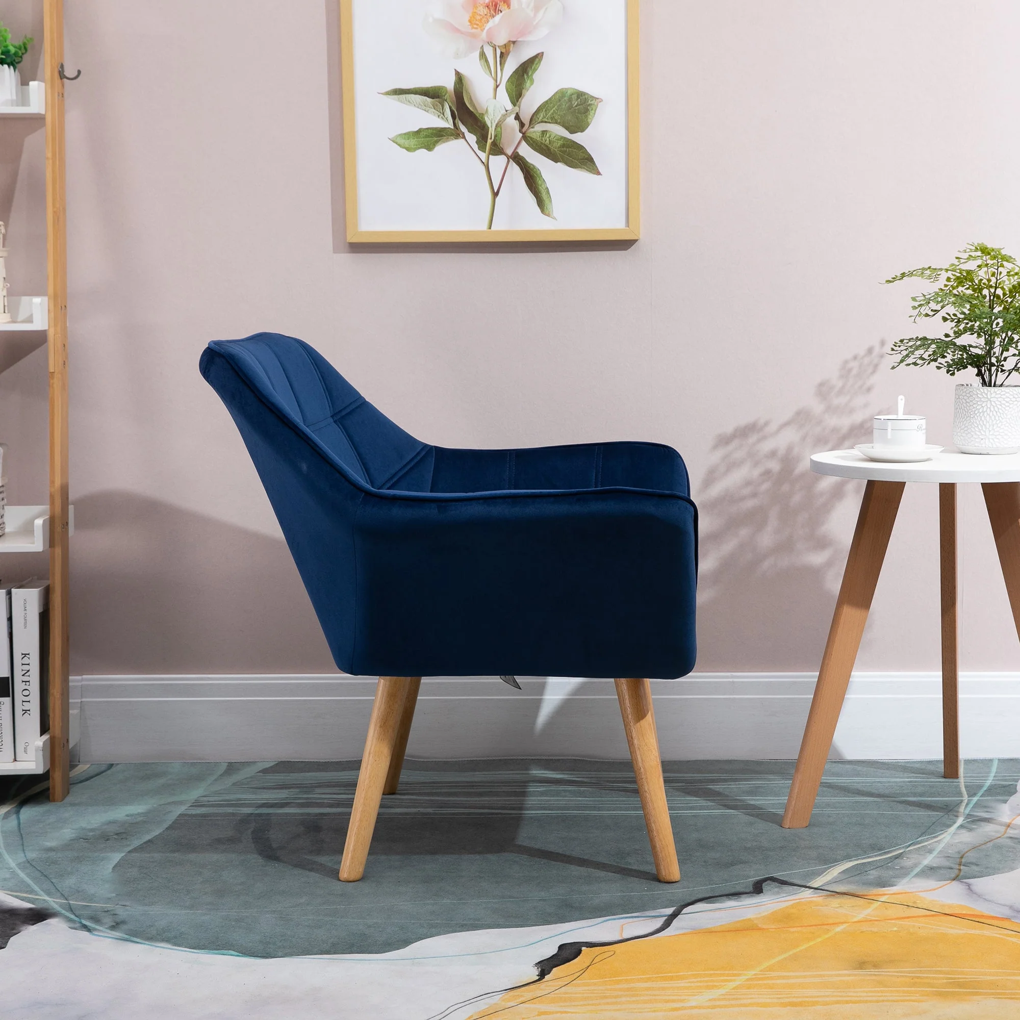 Armchair Accent Chair Wide Arms Slanted Back Padding Iron Frame Wooden Legs Home Bedroom Furniture Seating Blue - Image 7