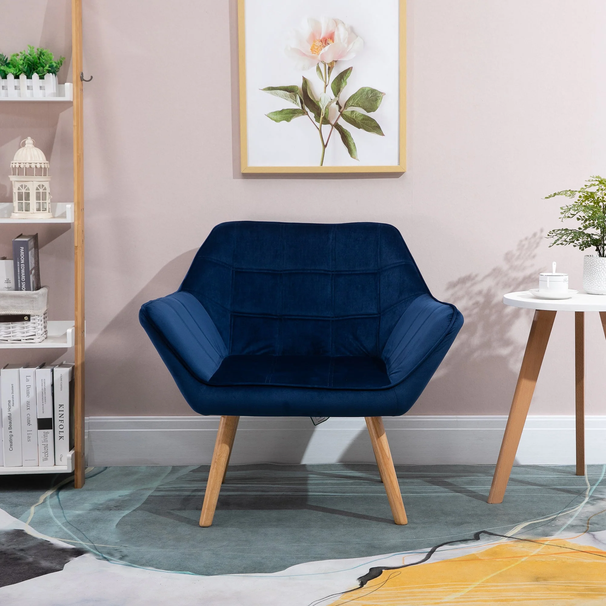 Armchair Accent Chair Wide Arms Slanted Back Padding Iron Frame Wooden Legs Home Bedroom Furniture Seating Blue - Image 9