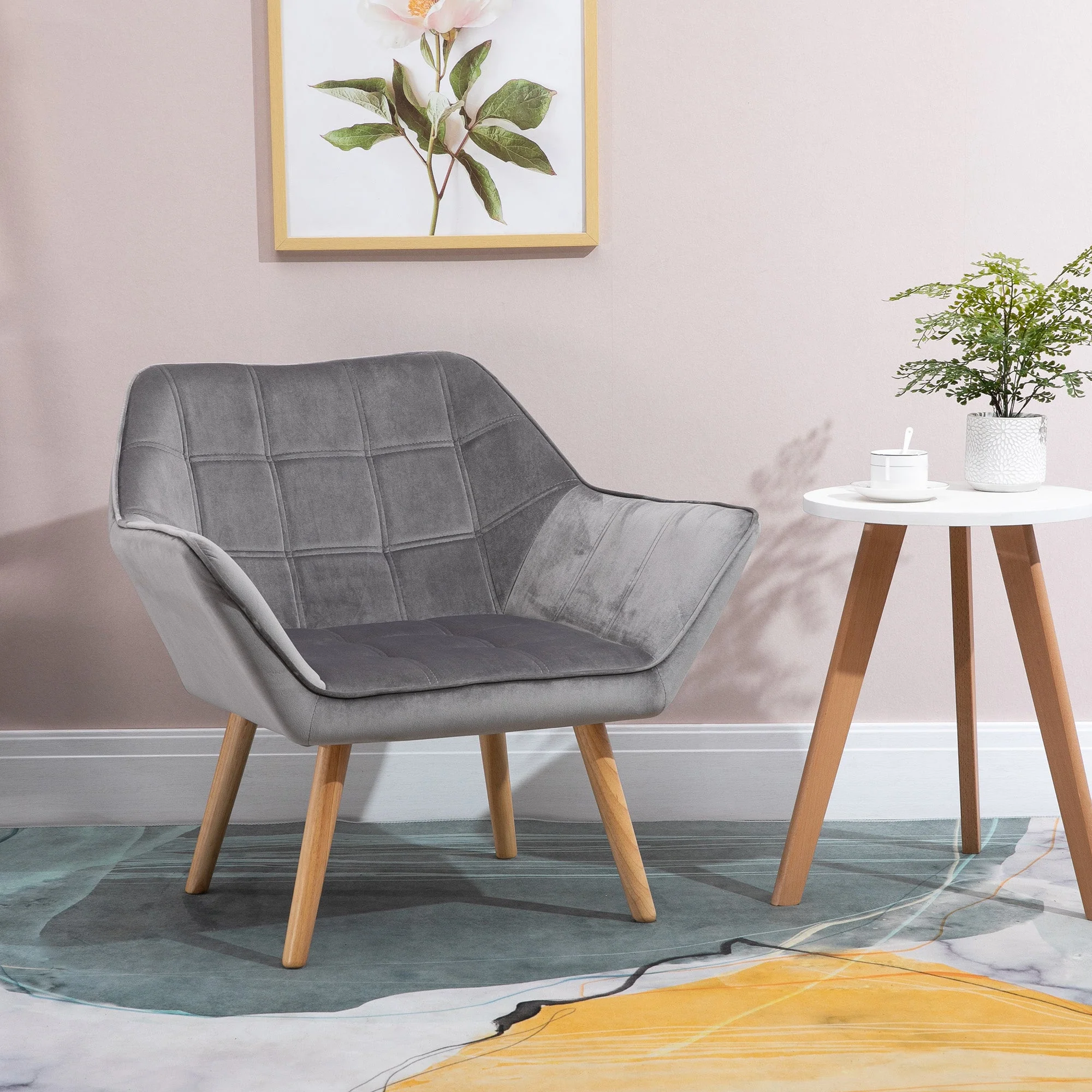 Armchair Accent Chair Wide Arms Slanted Back Padding Iron Frame Wooden Legs Home Bedroom Furniture Seating Grey - Image 2