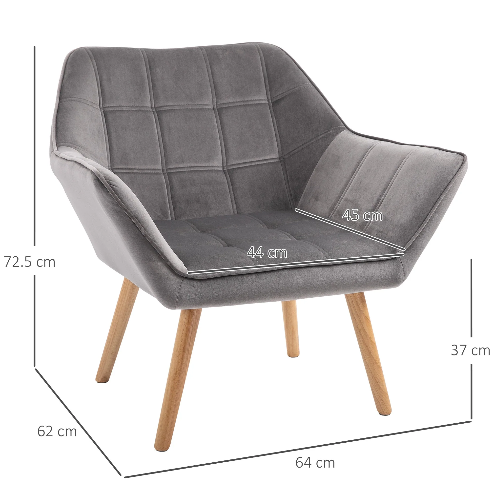 Armchair Accent Chair Wide Arms Slanted Back Padding Iron Frame Wooden Legs Home Bedroom Furniture Seating Grey - Image 3