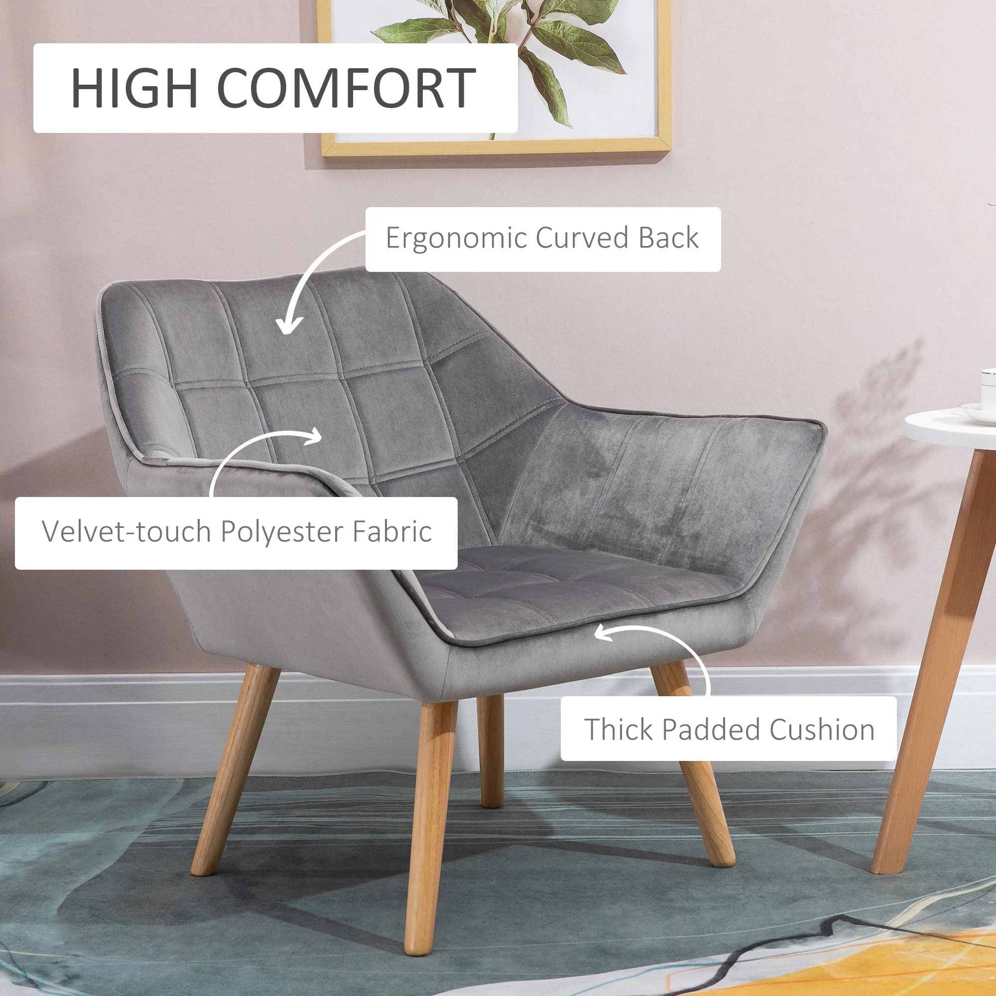 Armchair Accent Chair Wide Arms Slanted Back Padding Iron Frame Wooden Legs Home Bedroom Furniture Seating Grey - Image 4
