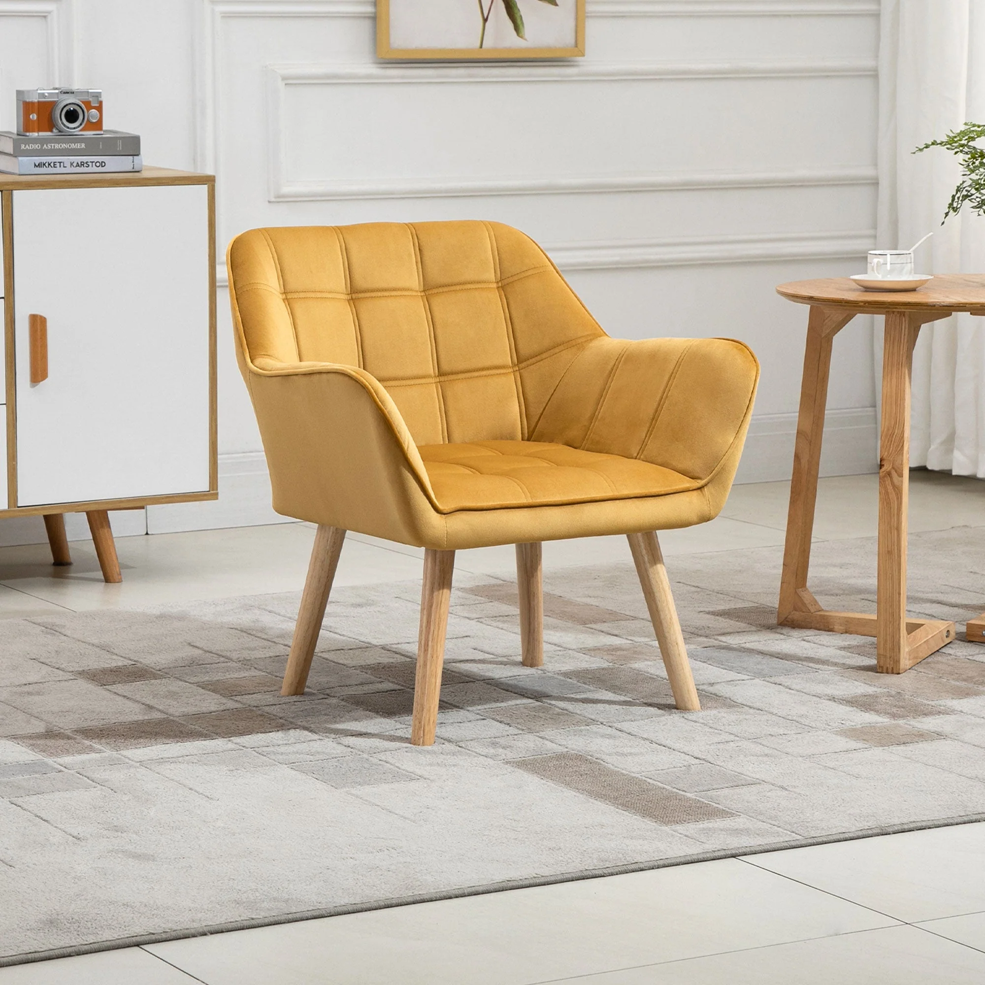 Armchair Accent Chair Wide Arms Slanted Back Padding Iron Frame Wooden Legs Home Bedroom Furniture Seating Yellow - Image 2