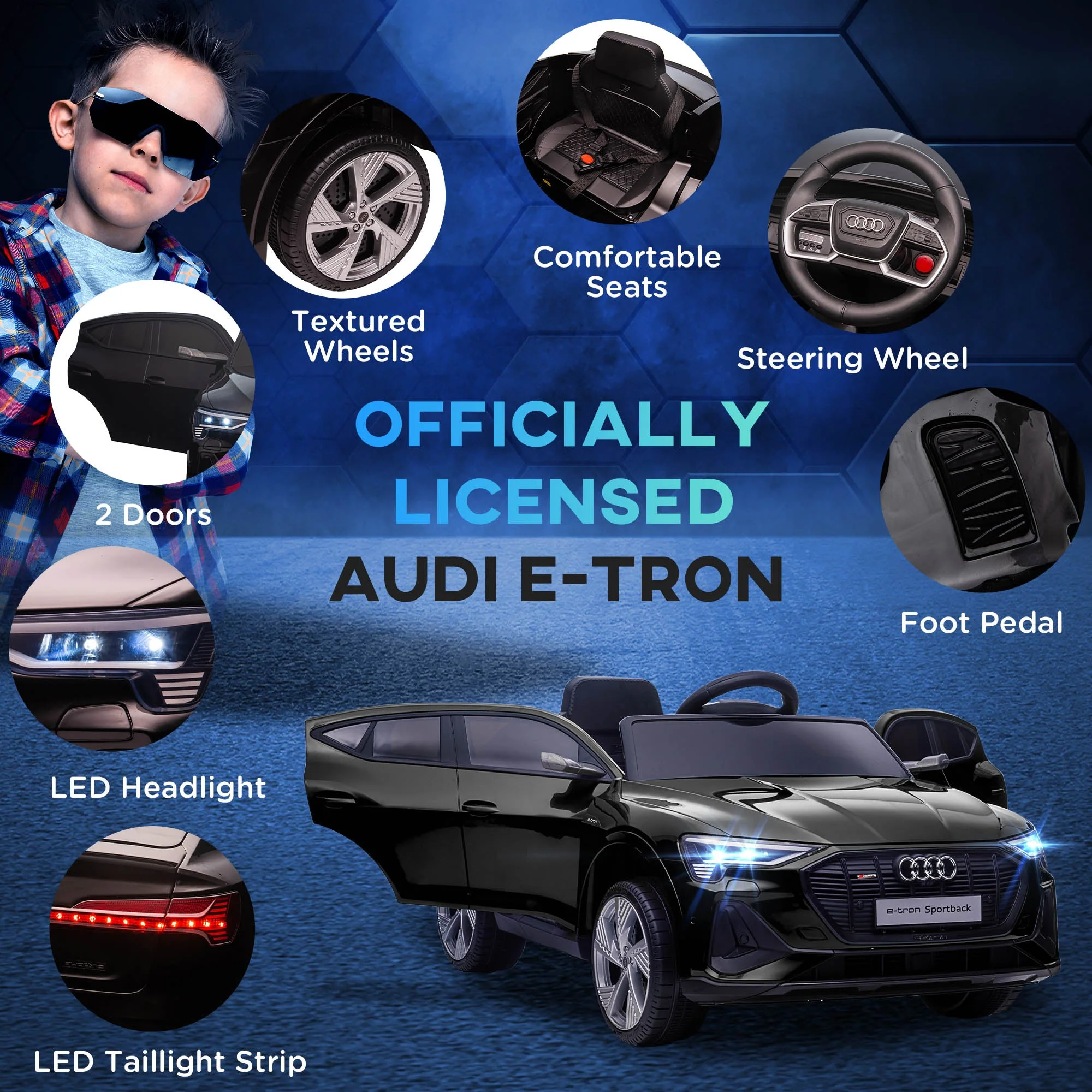 Audi E-tron Licensed 12V Kids Electric Ride On Car with Parental Remote Music Lights MP3 Suspension Wheels for 3-5 Years Black - Image 8