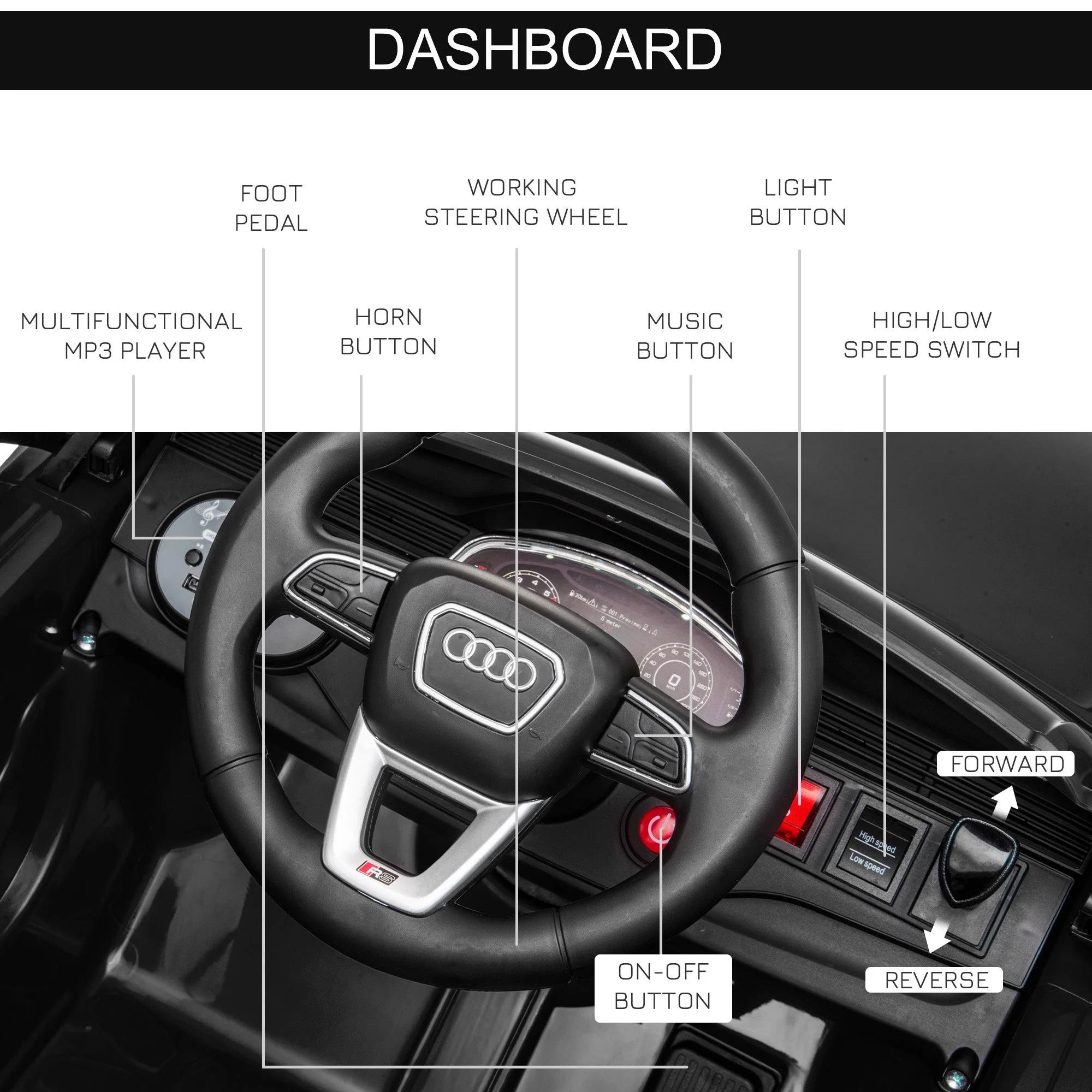 Audi RS Q8 6V Kids Electric Ride On Car Toy w/ Remote USB MP3 Bluetooth Black - Image 6