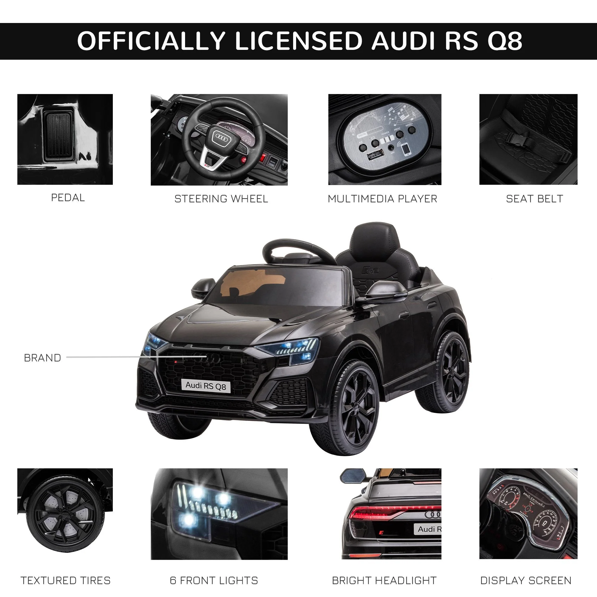 Audi RS Q8 6V Kids Electric Ride On Car Toy w/ Remote USB MP3 Bluetooth Black - Image 7