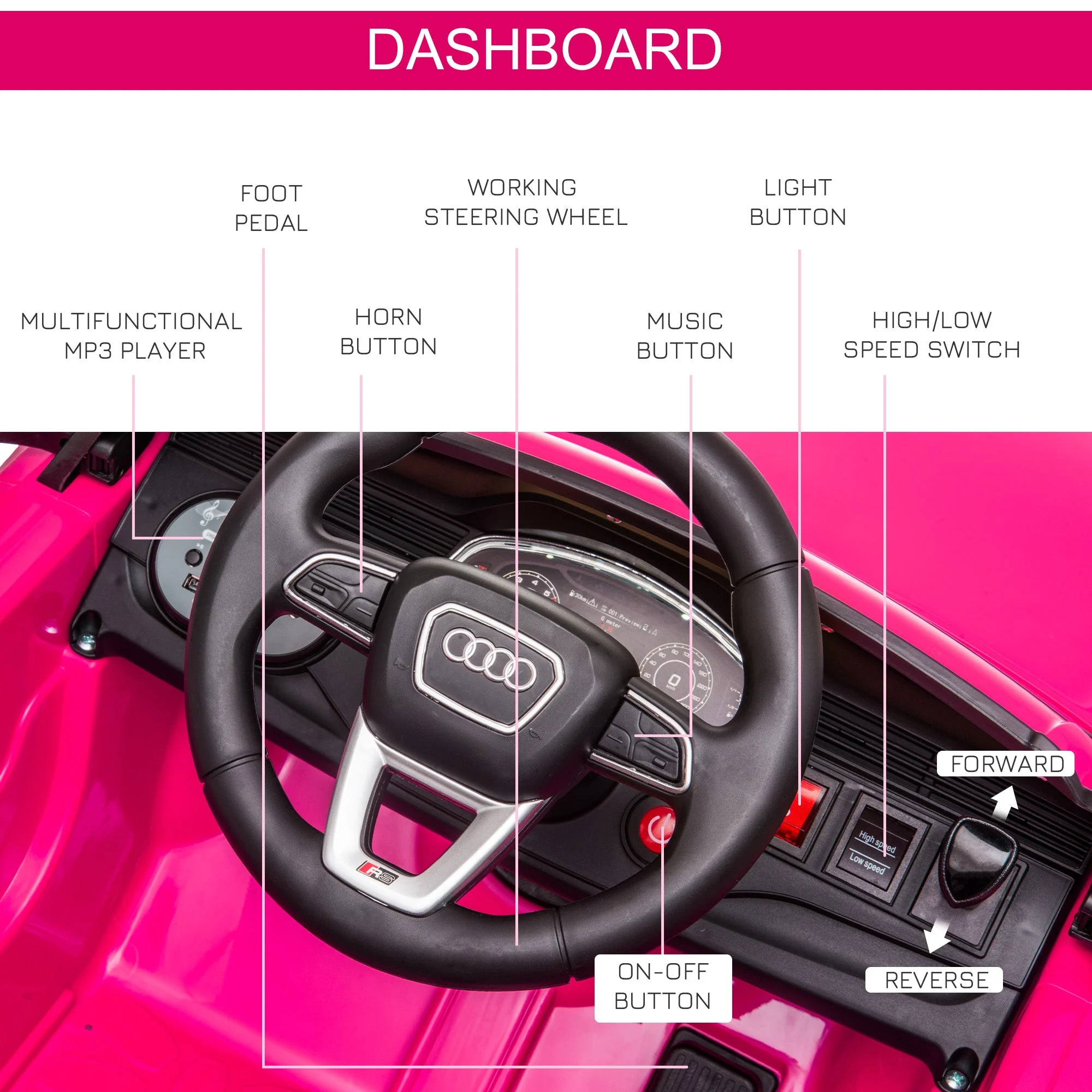 Audi RS Q8 6V Kids Electric Ride On Car Toy w/ Remote USB MP3 Bluetooth Pink - Image 6