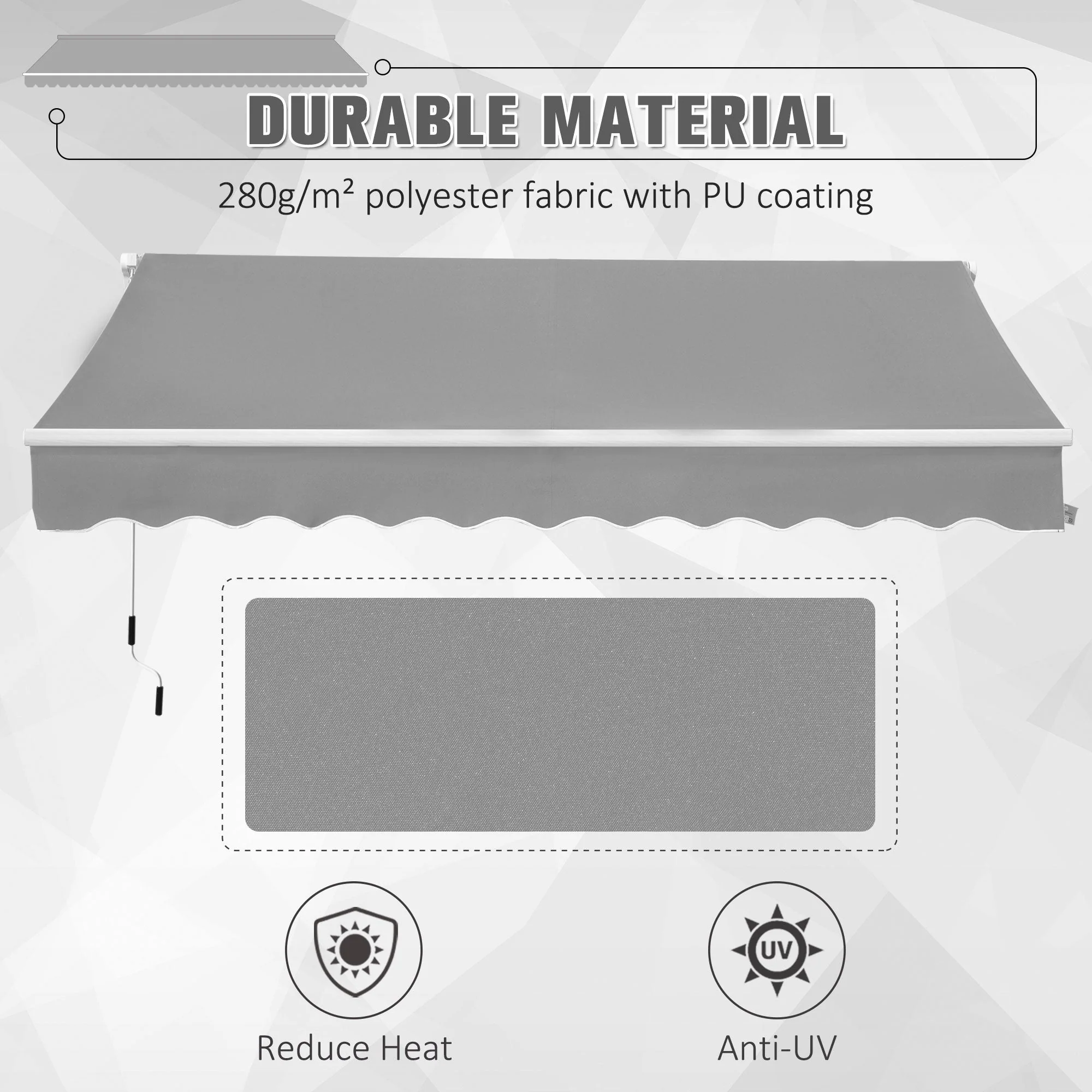 Awning Canopy Manual Retractable Porch Sun Shade Shelter 3 x 2m Light Grey - Image 4