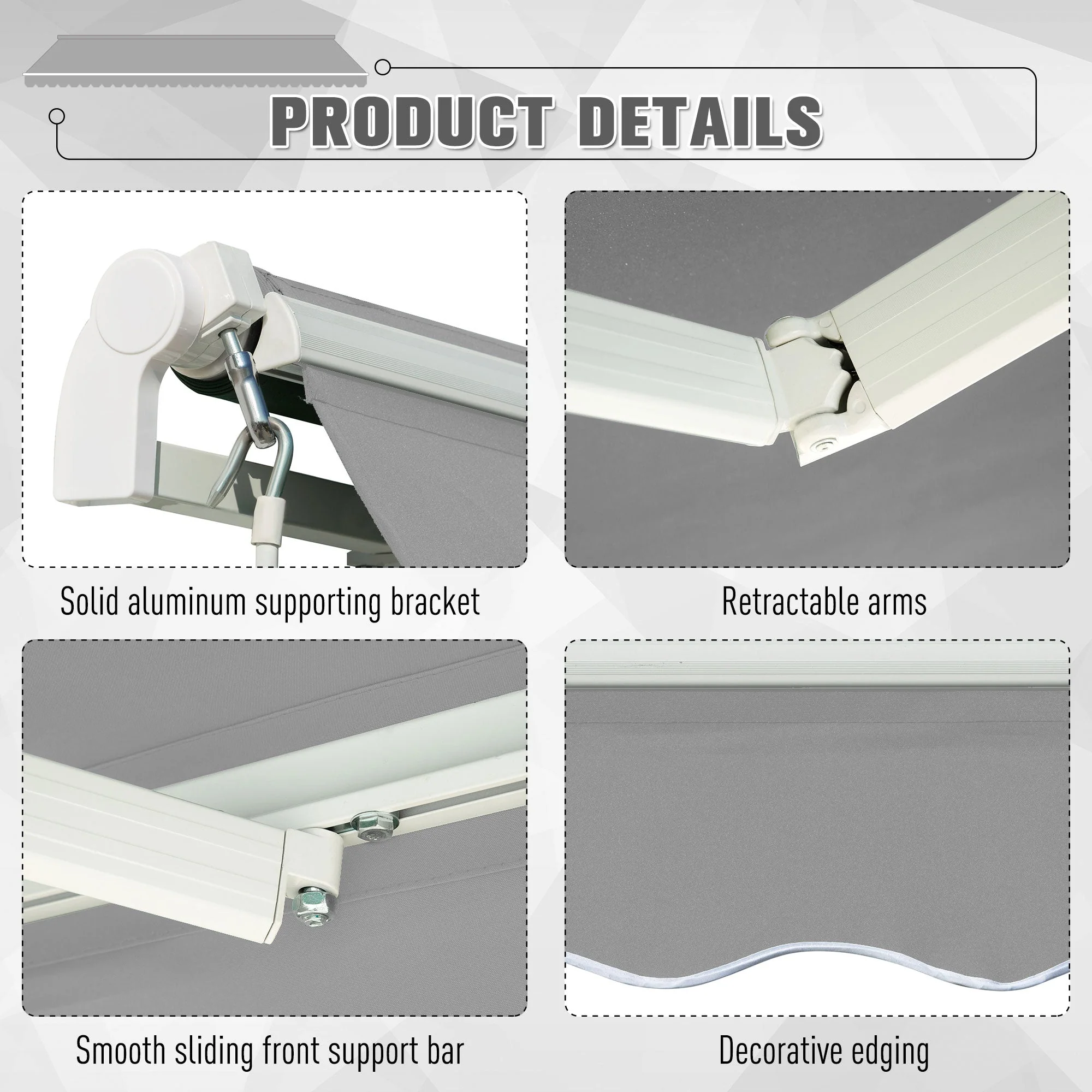 Awning Canopy Manual Retractable Porch Sun Shade Shelter 3 x 2m Light Grey - Image 7