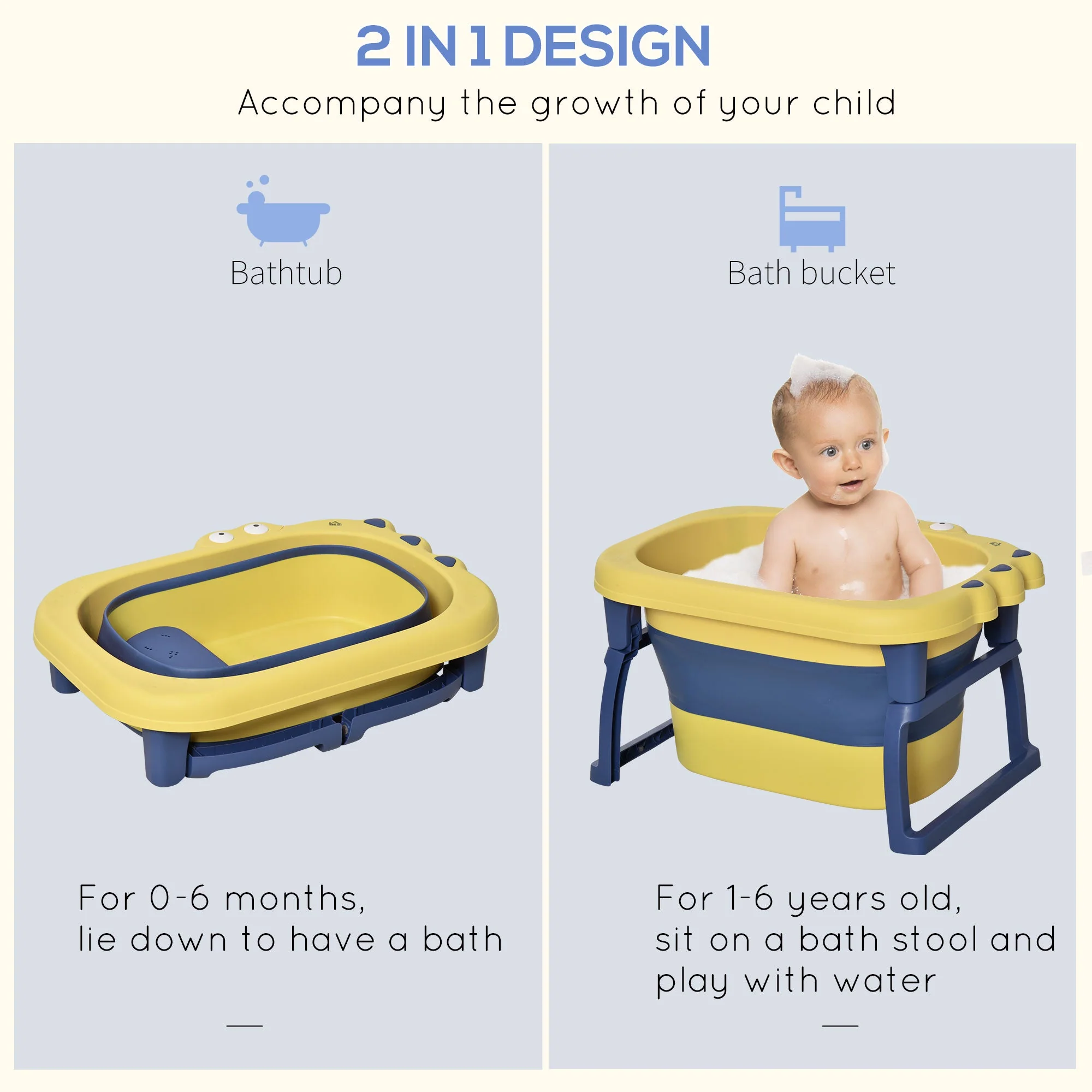 Baby Bath Tub for 0-6 Years Collapsible Non-Slip Portable with Stool Seat for Newborns Infants Toddlers Kids Crocodile Shape Yellow - Image 4
