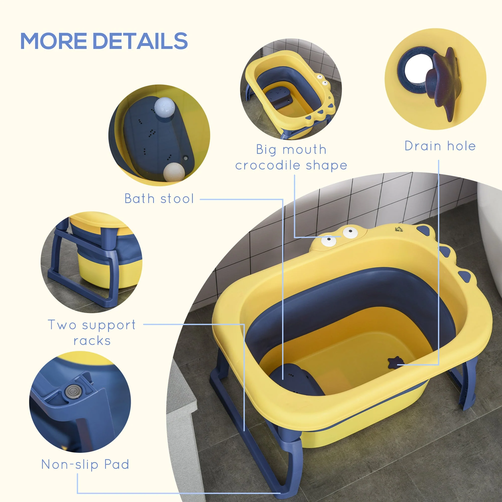 Baby Bath Tub for 0-6 Years Collapsible Non-Slip Portable with Stool Seat for Newborns Infants Toddlers Kids Crocodile Shape Yellow - Image 7